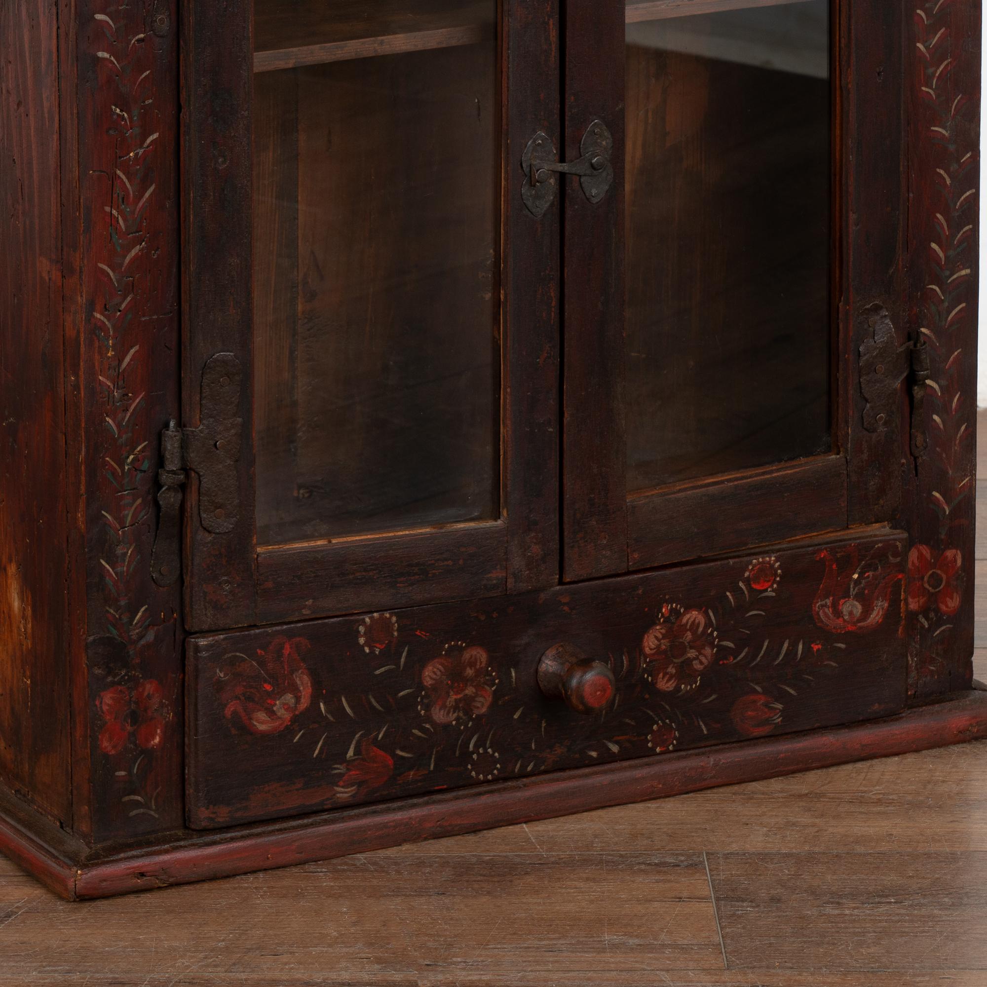 19th Century Original Hand Painted Wall Hanging Cabinet with Glass Doors, Hungary circa 1870