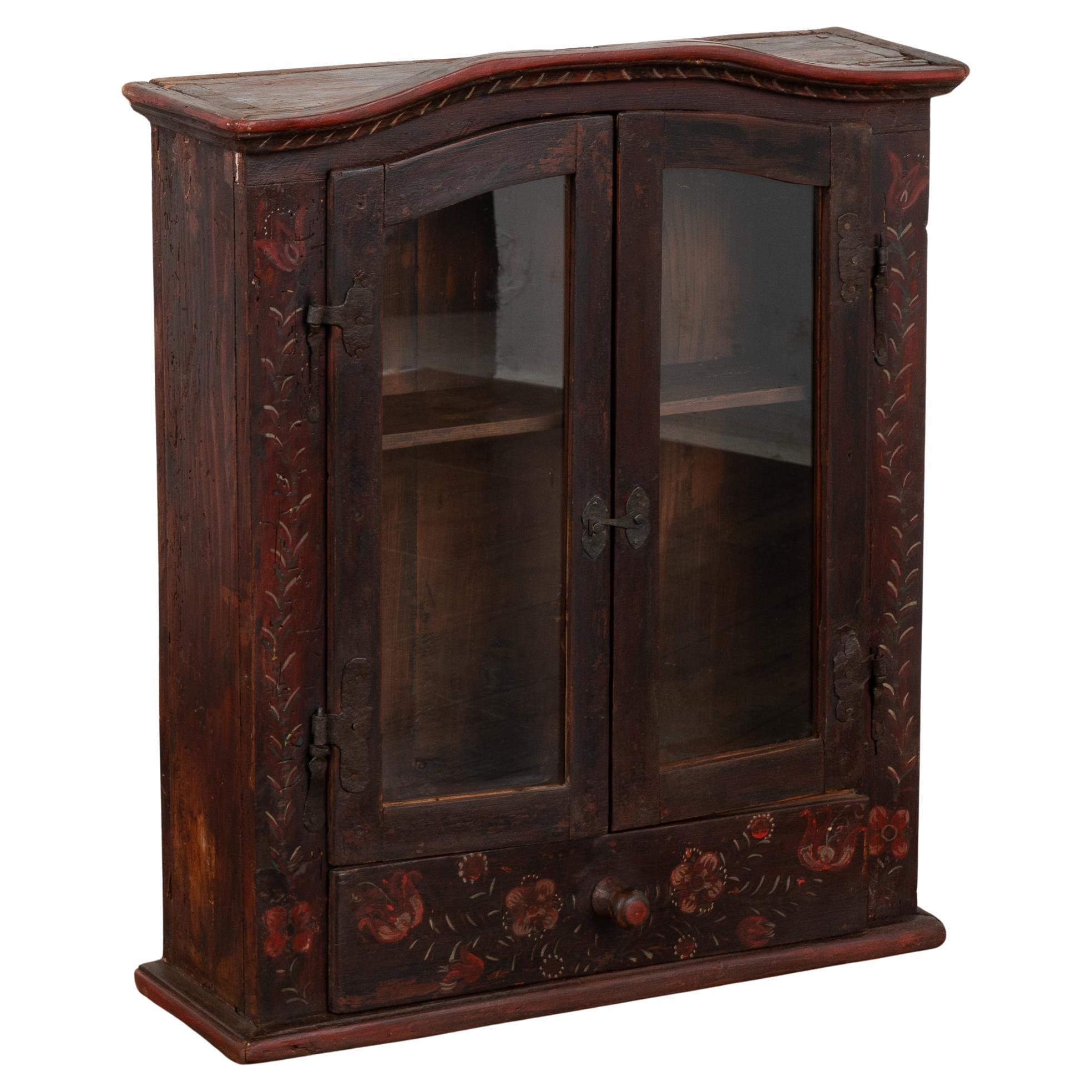 Original Hand Painted Wall Hanging Cabinet with Glass Doors, Hungary circa 1870