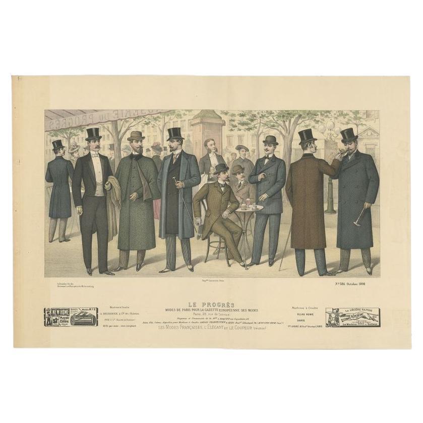 Impression originale et colorée à la main de mode ancienne pour hommes, publiée en octobre 1898