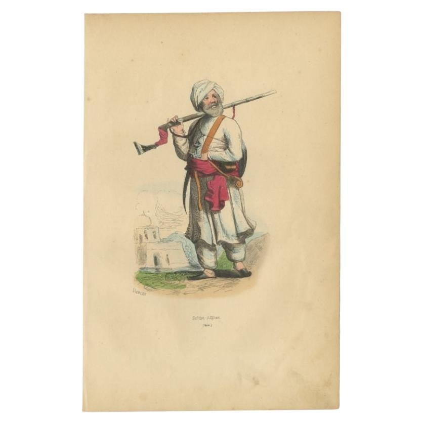 Original Handcolored Antique Print of an Afghan Soldier in Afghanistan, 1843 For Sale