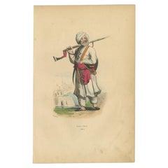 Original Handcolored Antique Print of an Afghan Soldier in Afghanistan, 1843