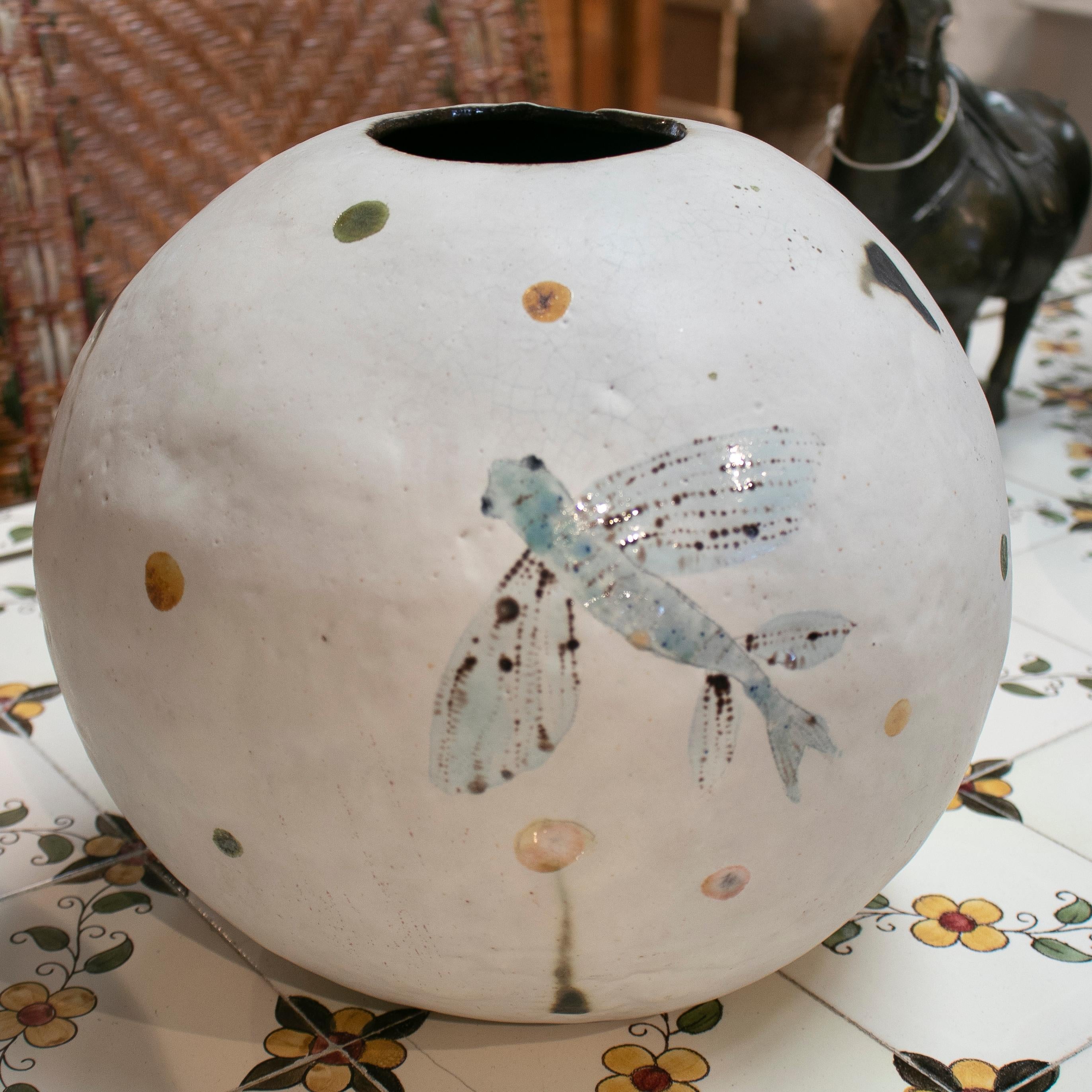 Spanish Original Handmade Ceramic Vase Decorated with Hand Painted Fish and Plants