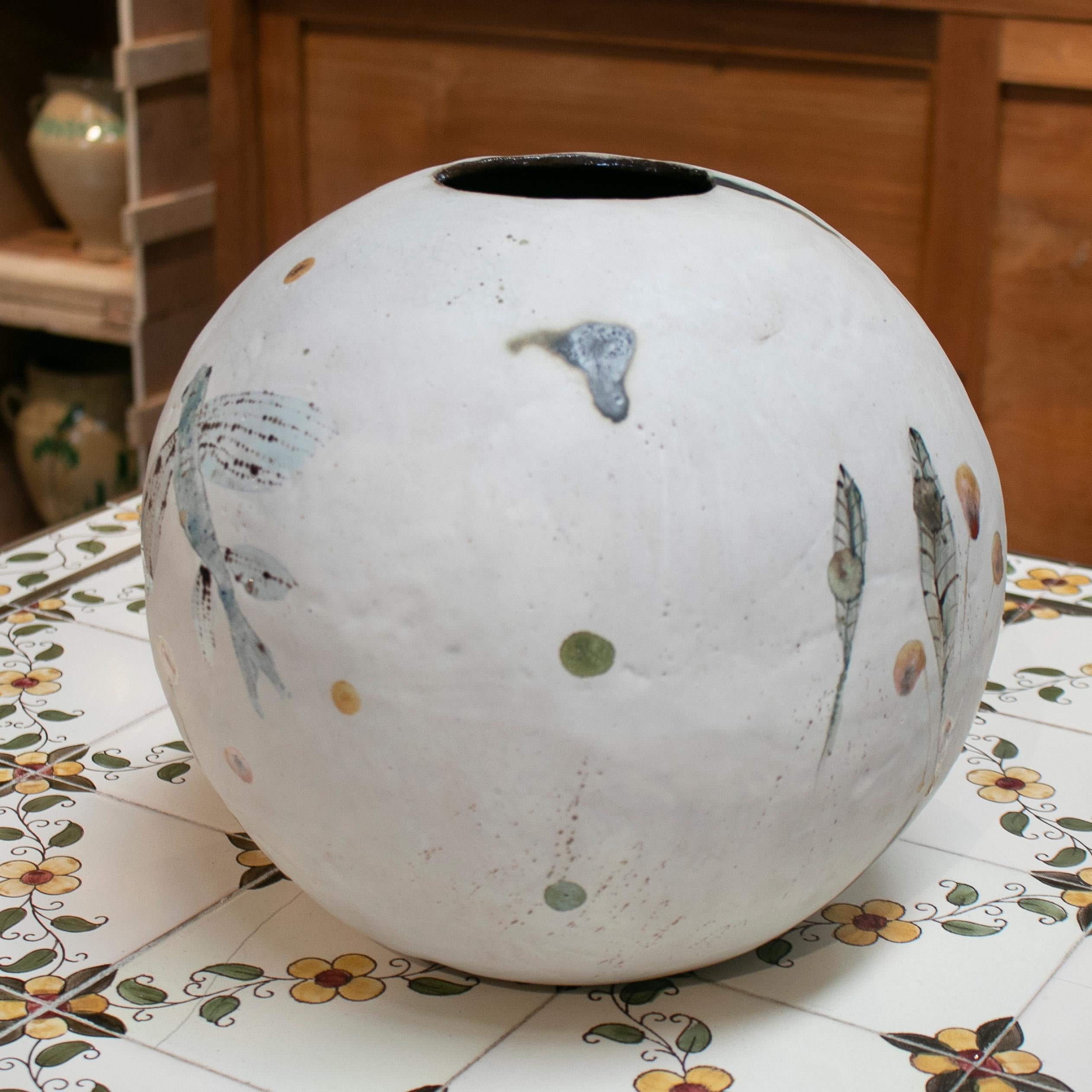 Contemporary Original Handmade Ceramic Vase Decorated with Hand Painted Fish and Plants