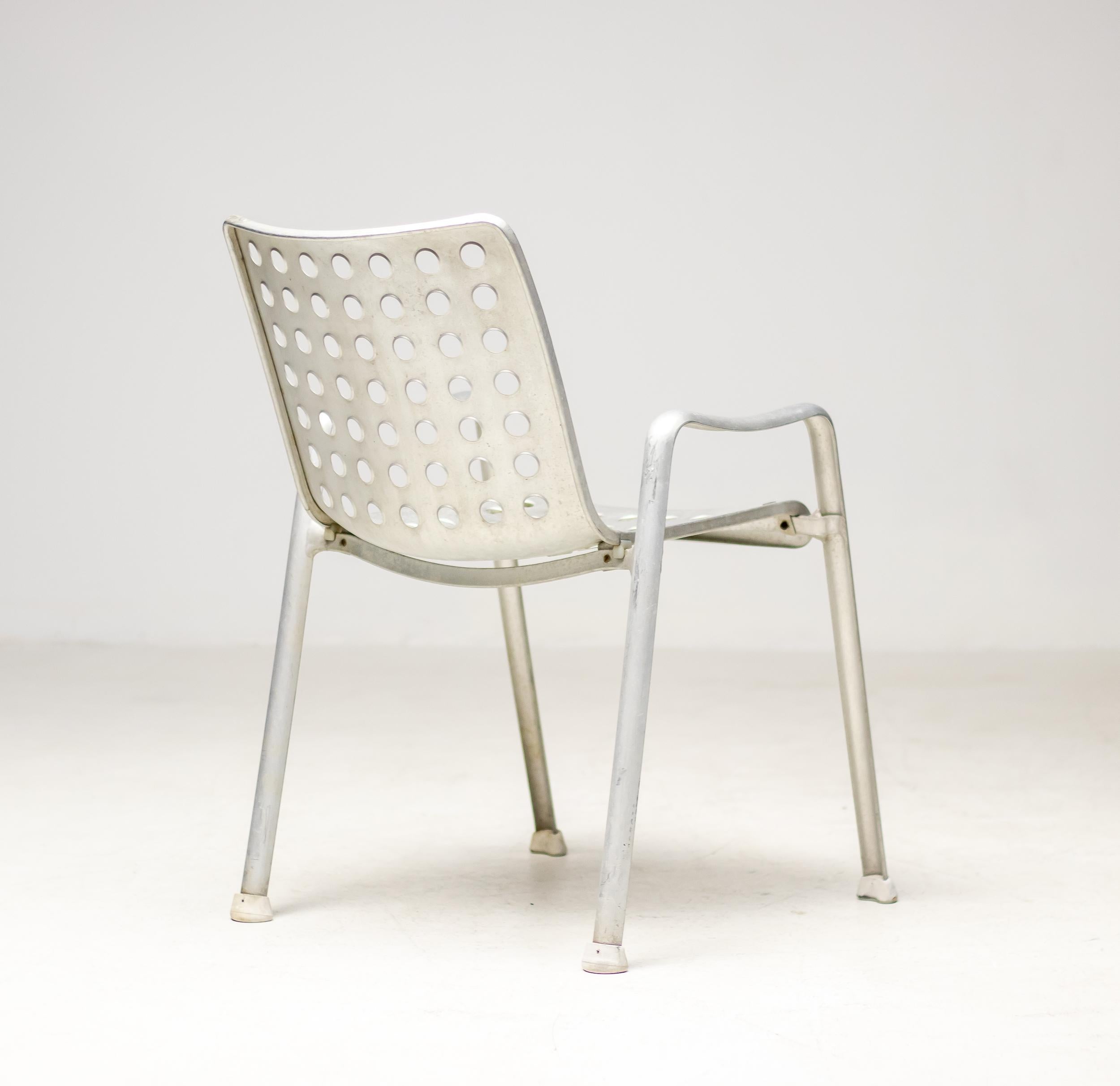 Desirable early Landi aluminium stacking chairs, designed by Hans Coray for the Swiss National Exhibition in Zurich in 1938, executed in the 1950s by P. & W. Blattmann Metallwarenfabrik Wädenswil (MEWA), Switzerland.
These examples have 91 holes in