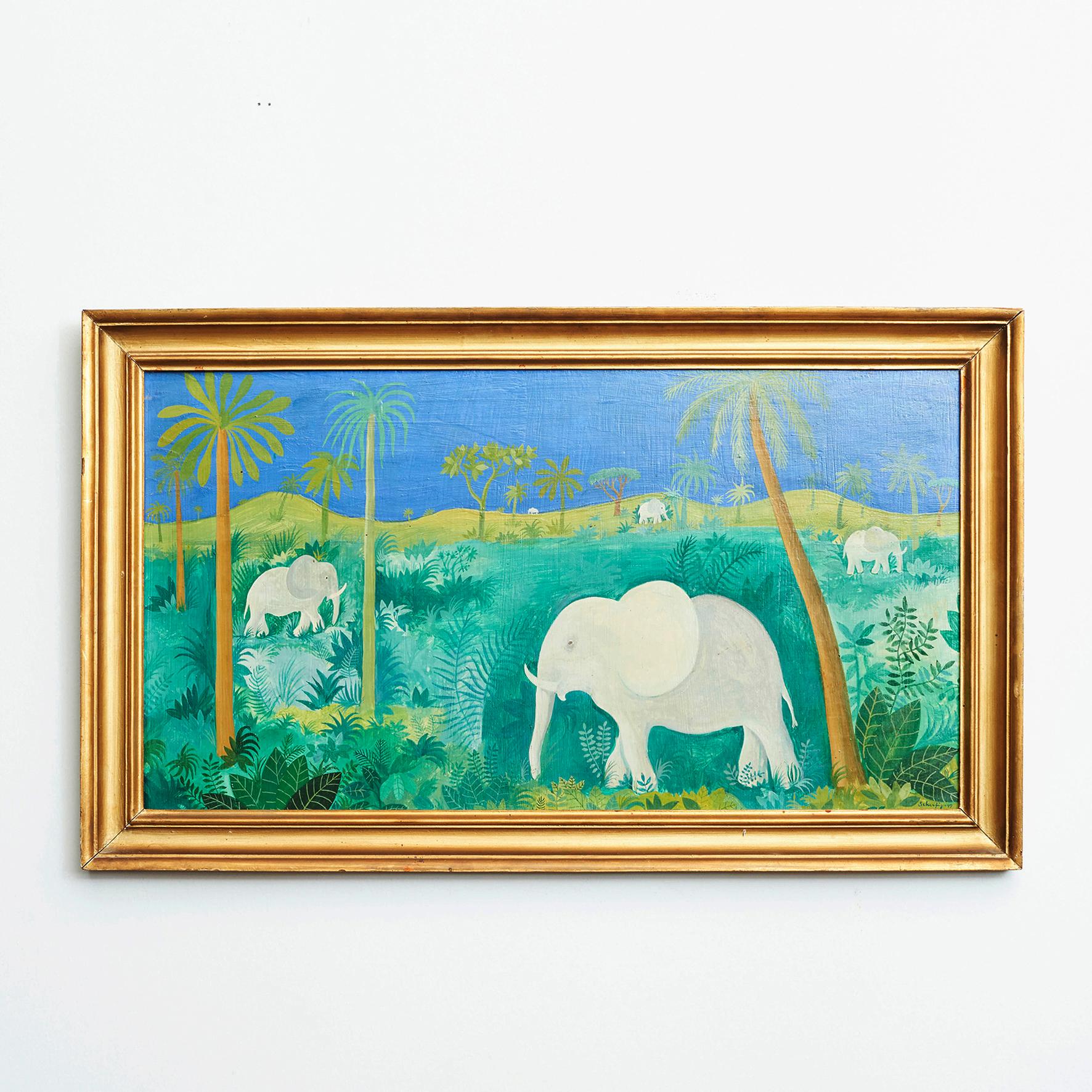 Hans Scherfig, (1905-1979). Danish painter.
White elephants in jungle.
Tempera on masonite. Signed: Scherfig 47

Measurement (cm):
Height without frame: 43, with frame: 55
With without frame: 81, with frame: 92

According to Buddhist legend,