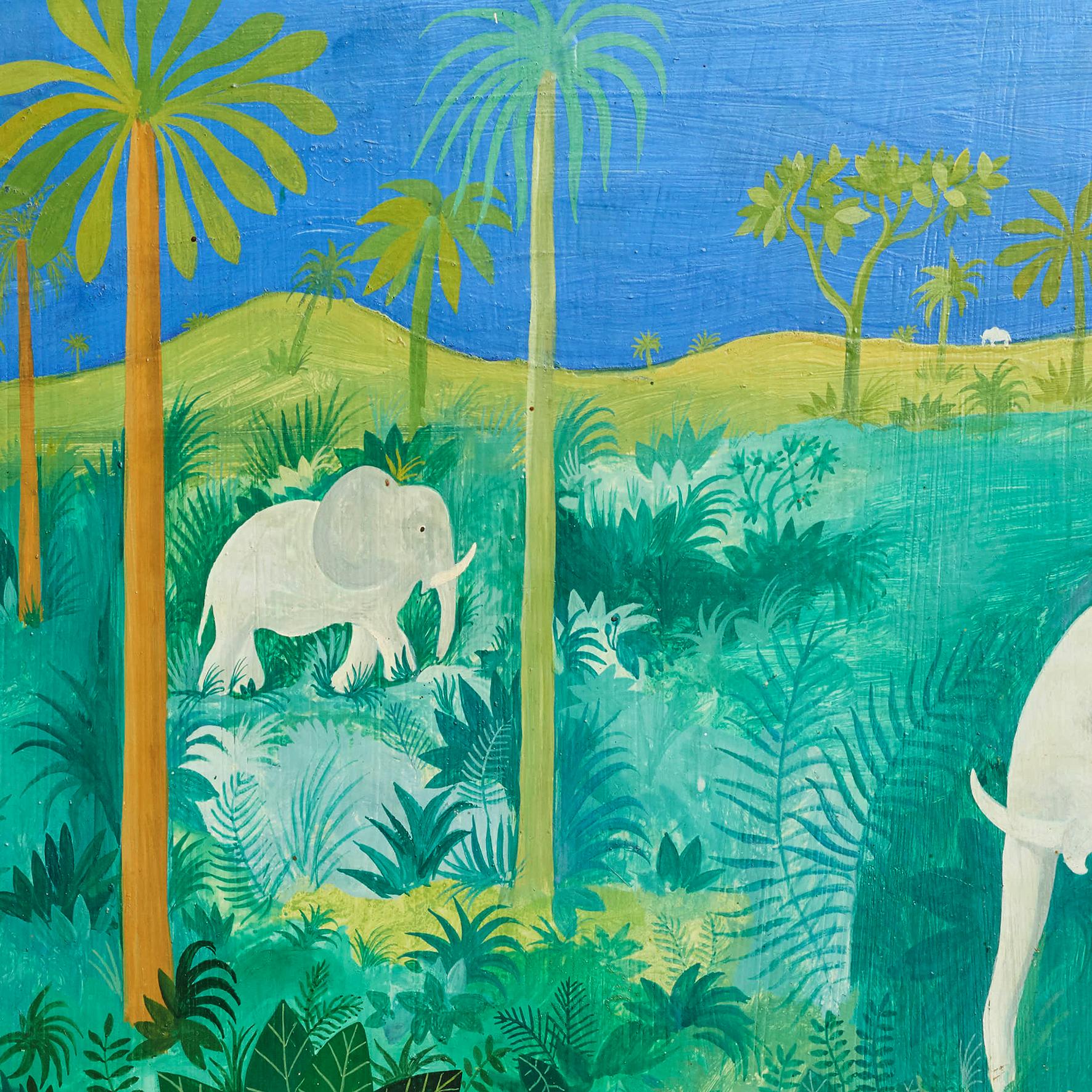 European Original Hans Scherfig Painting of White Elephants in the Jungle, Denmark, 1947