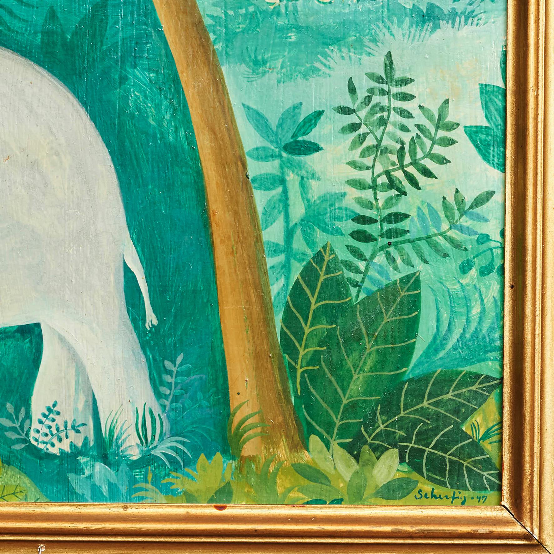Hand-Painted Original Hans Scherfig Painting of White Elephants in the Jungle, Denmark, 1947