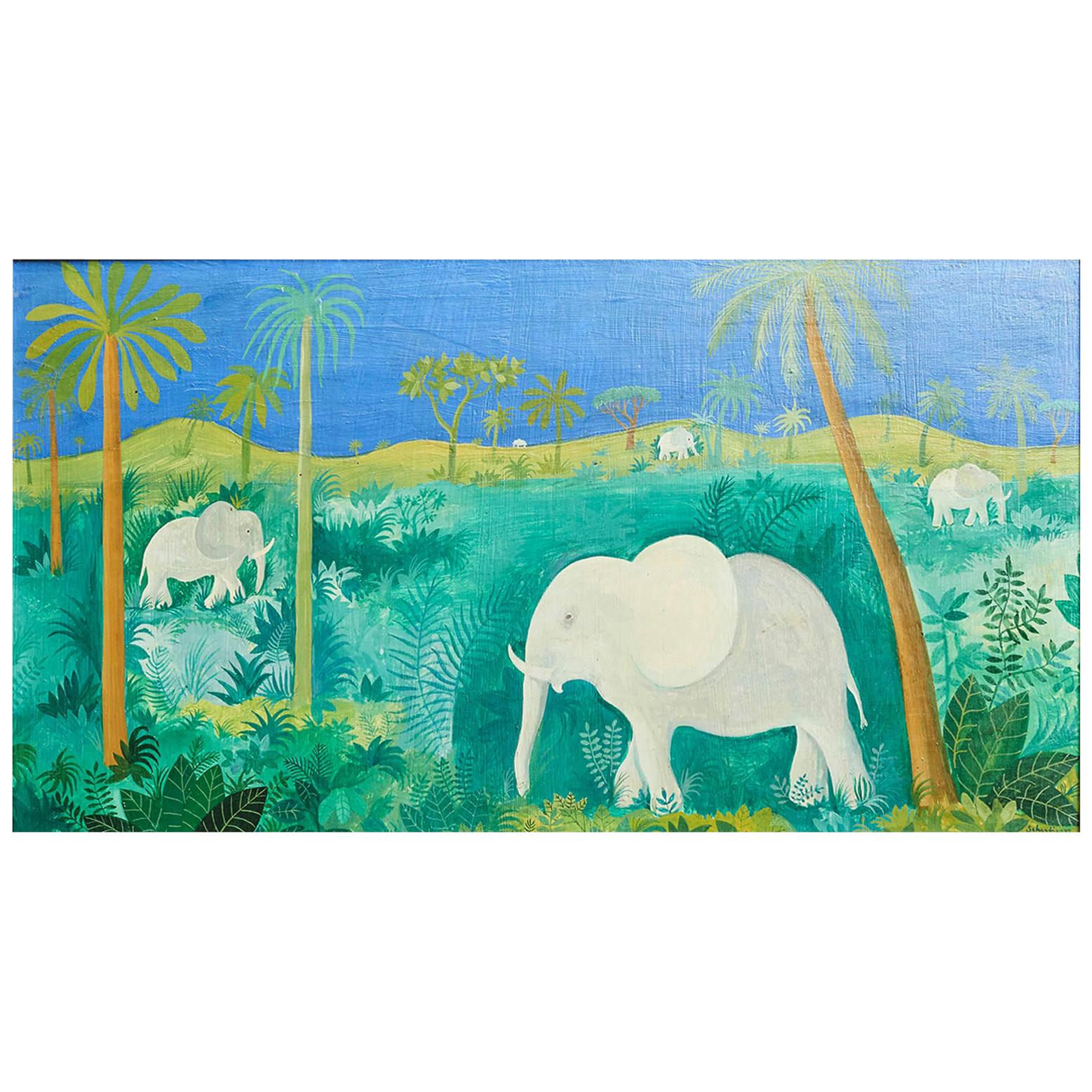 Original Hans Scherfig Painting of White Elephants in the Jungle, Denmark, 1947