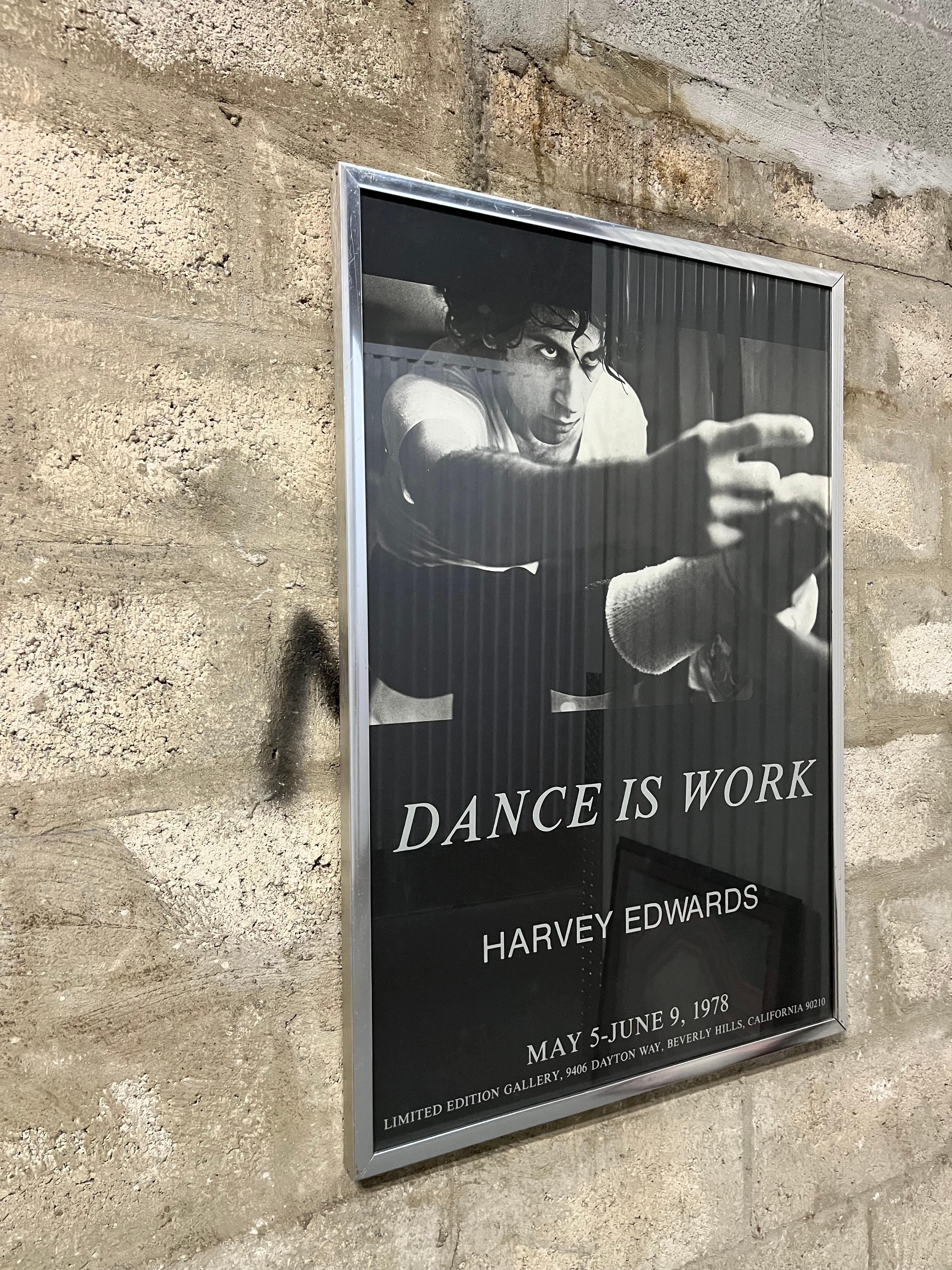 Original Harvey Edwards Black and White exhibition Poster From the 1978 Dance Is Work Exhibit at the Limited Edition Gallery in Beverly Hills, California.
Features a monochromatic image of a dancer on a solid black background framed with an aluminum