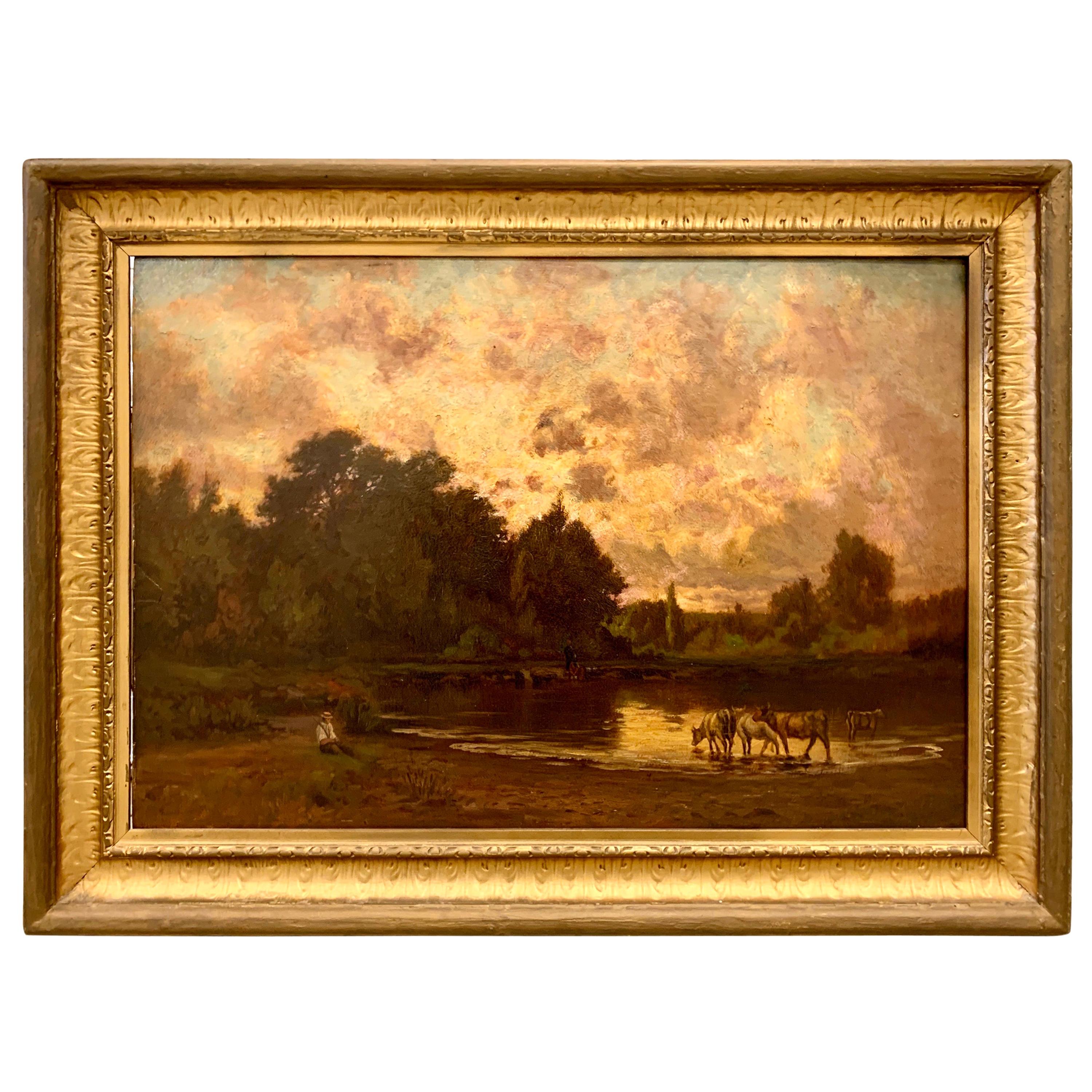 Original Hector Charles Auguste Octave Constance Hanoteau Oil Pastoral Painting