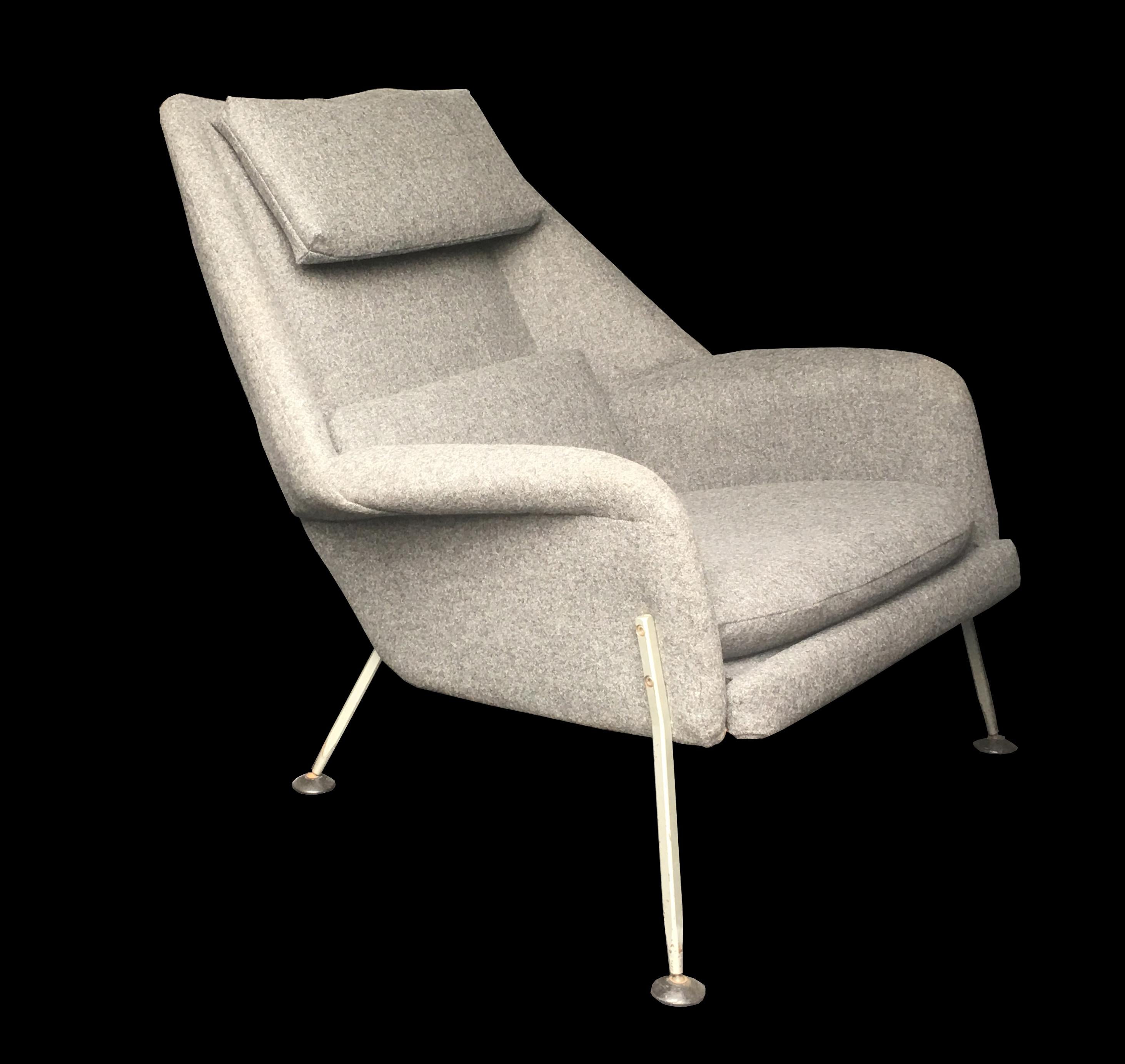 A very good early example of British midcentury design, designed and manufactured in the mid-1960s, which, other than reupholstery in grey wool so that it now complies with current fire regulations, is totally original.