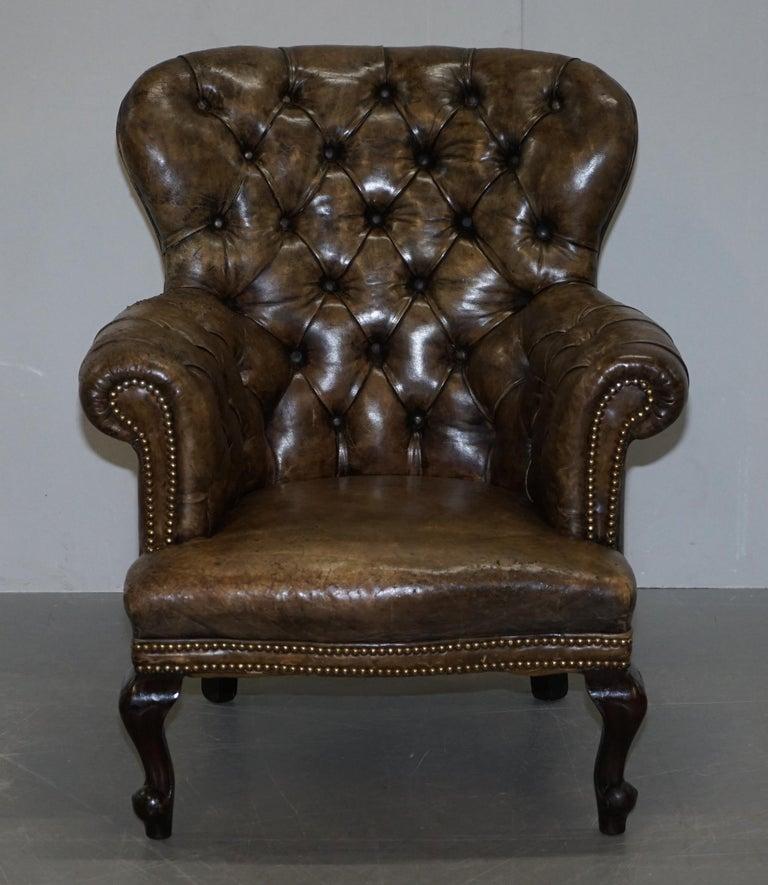 English Original Hide Regency Chesterfield Brown Leather Library Reading Armchair For Sale