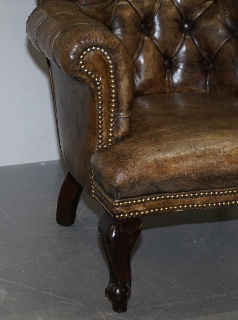 Hand-Crafted Original Hide Regency Chesterfield Brown Leather Library Reading Armchair For Sale