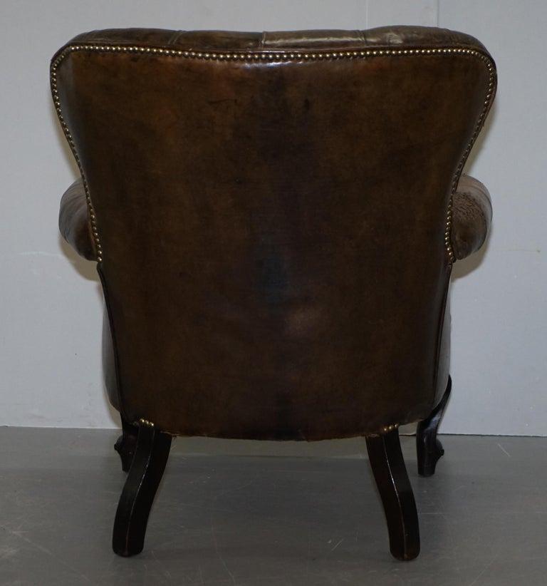 Original Hide Regency Chesterfield Brown Leather Library Reading Armchair For Sale 2
