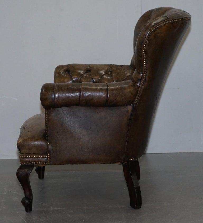 Original Hide Regency Chesterfield Brown Leather Library Reading Armchair For Sale 3