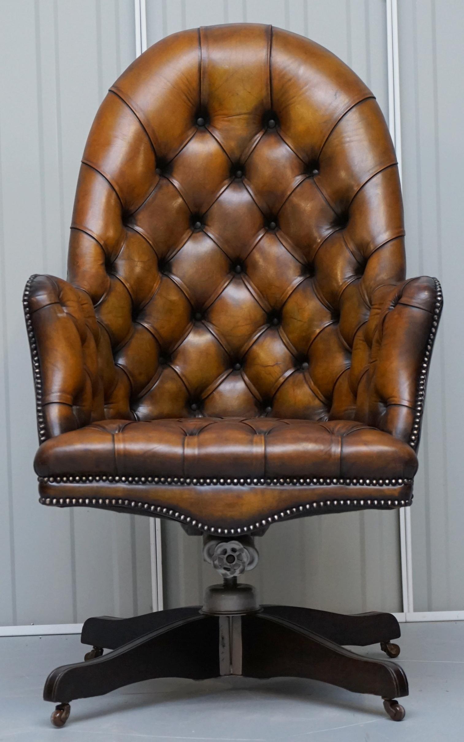 We are delighted to offer for sale this stunning original Hillcrest circa 1900 hand dyed fully restored cigar brown leather Chesterfield fully buttoned directors captains chair

This is the bosses chair, the executive director, there are tens of
