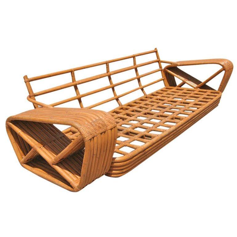 Original Historic Hand Made 9 Strand Square Pretzel Rattan Sofa By Paul T Frankl en vente 6