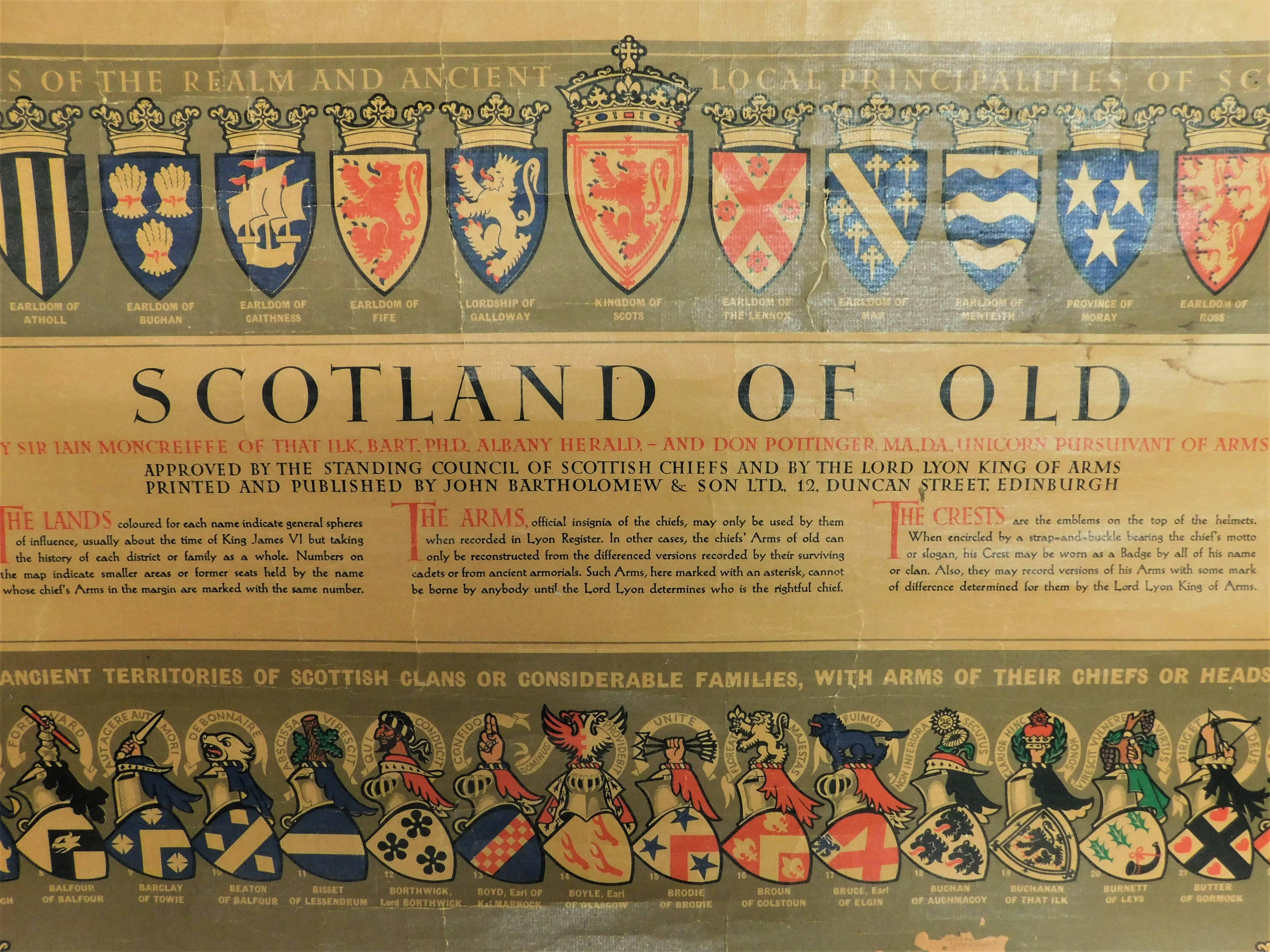 The Scotland of Old Clans Map is a unique pictorial map showing the ancient territories of the principal Scottish clans in the 17th century, and features Don Pottinger’s (Islay Herald of Arms) distinctive and original artwork of Scottish arms and