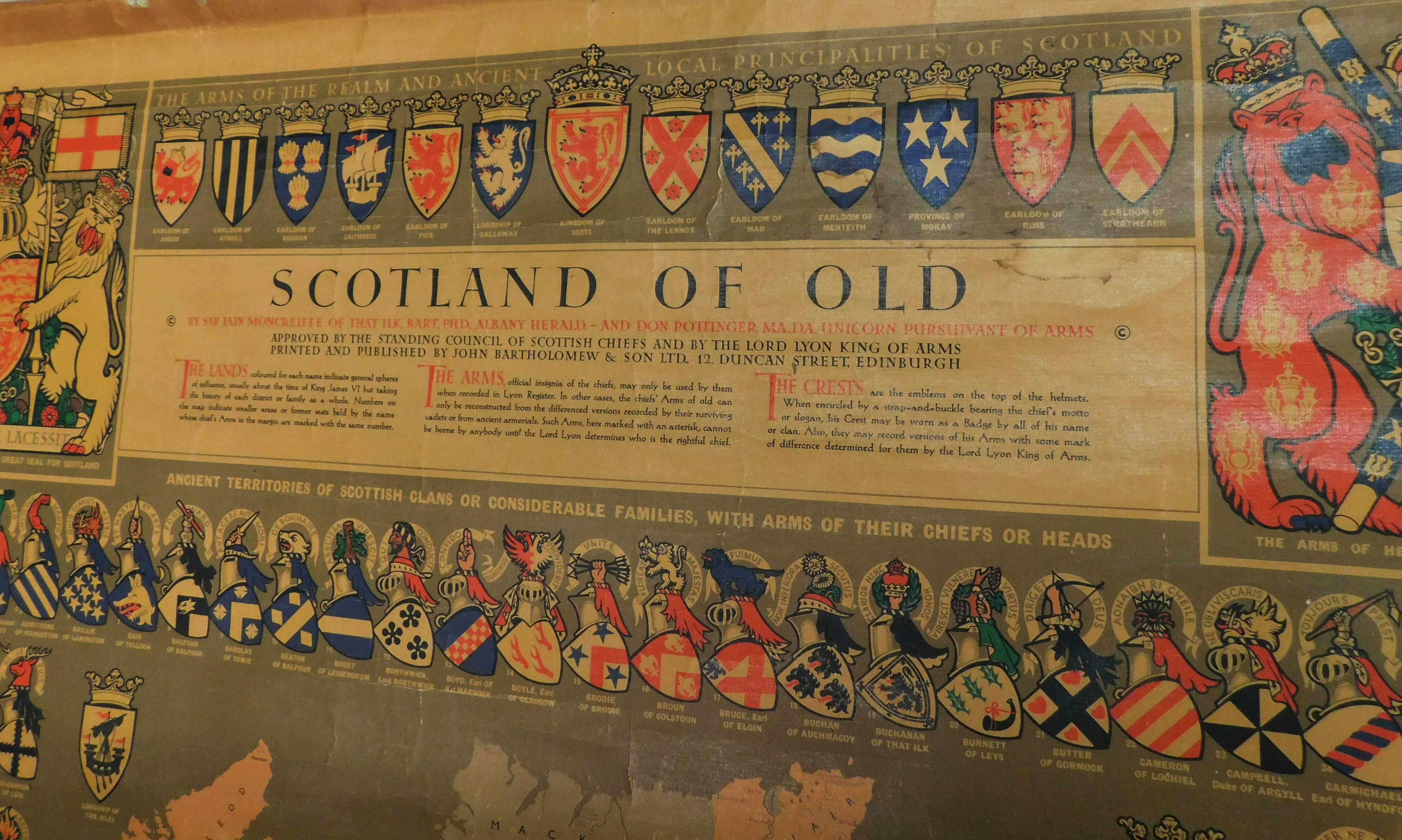 Original Historical Cloth Clan Map of Medieval Scotland of Old In Good Condition In Hamilton, Ontario