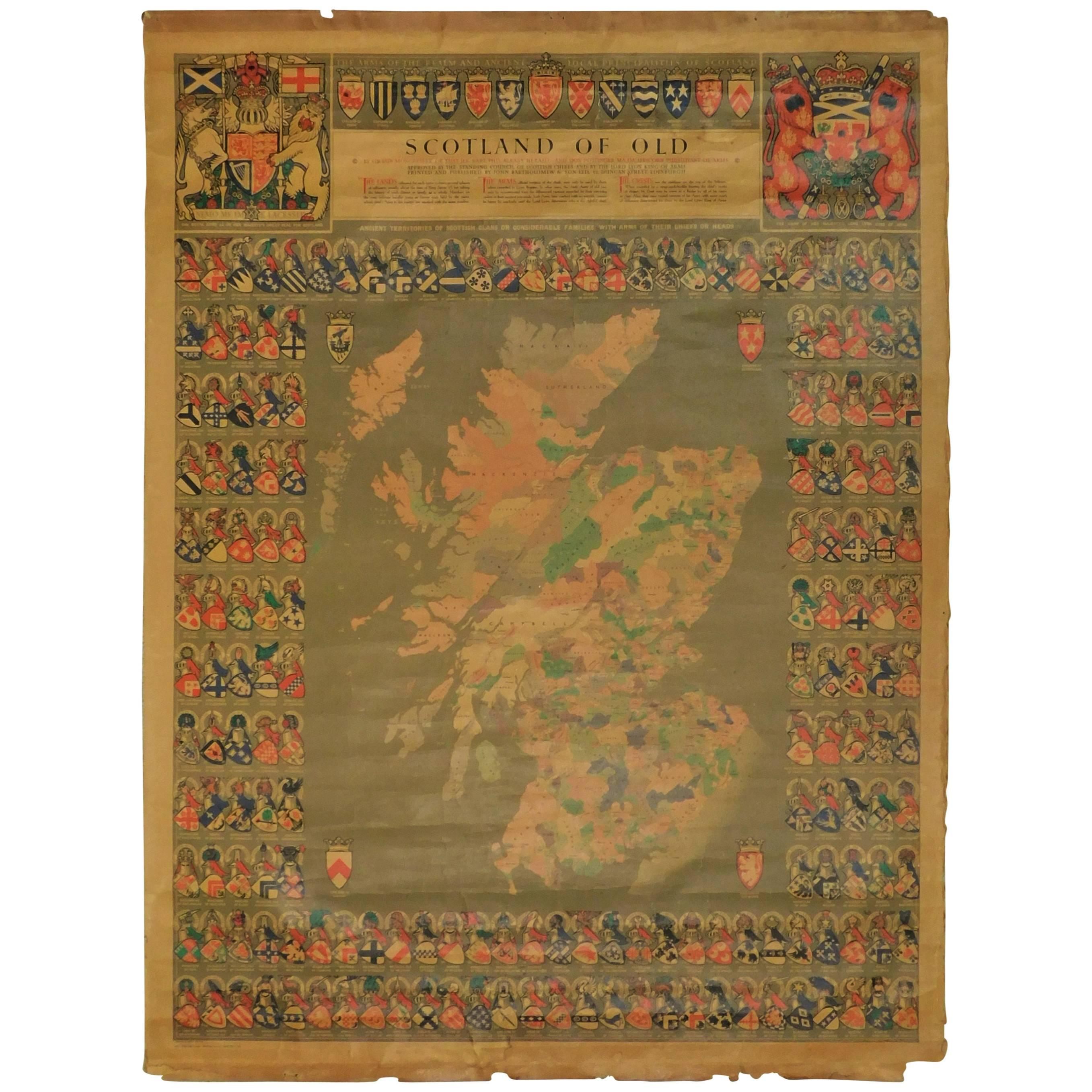 Original Historical Cloth Clan Map of Medieval Scotland of Old
