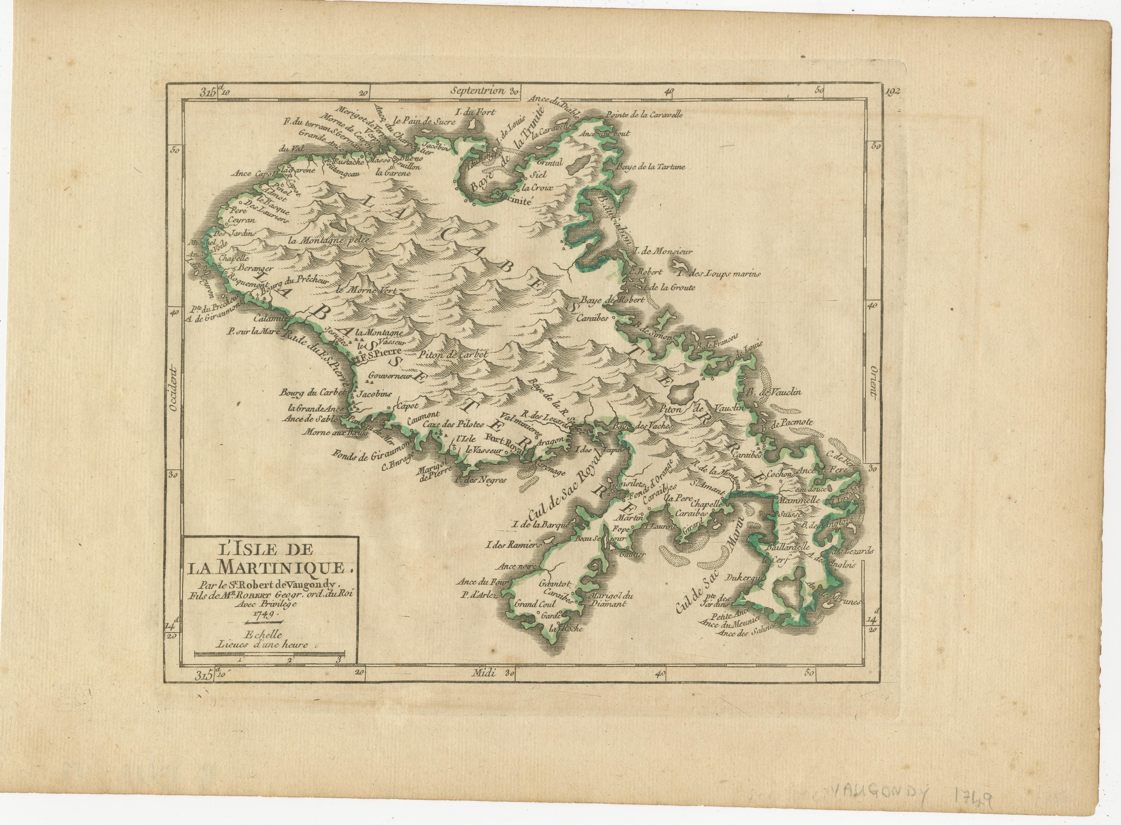 Description: De Vaugondy's map of Martinique, initially published in Paris in 1748 within his Atlas Portatif,  Universel et Militaire, stands as a striking representation of the island's topography.

This cartographic masterpiece offers a detailed