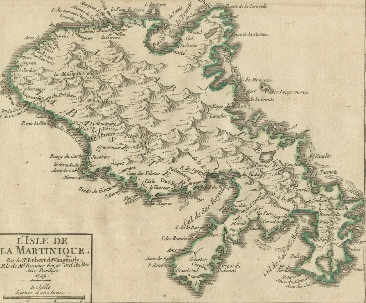 Engraved Original Historical Map of L'Ile De La Martinique by Vaugondy, 1749 For Sale