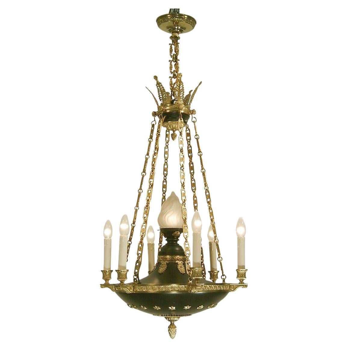 Original Historistic Empire Chandelier 20th Century 1920, Six Flames, Restored For Sale