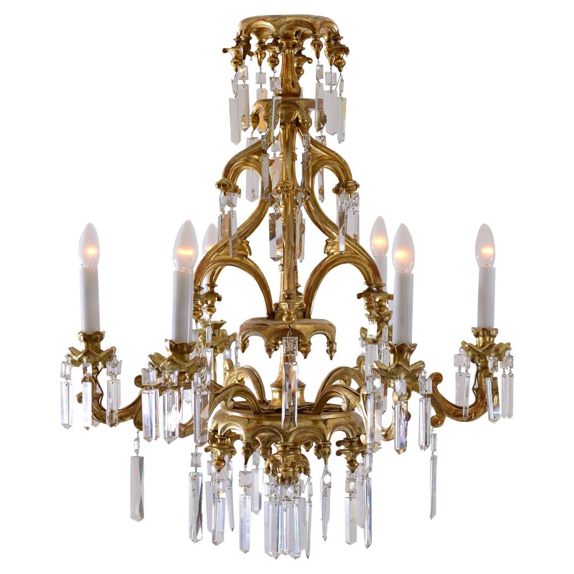 Original Historistic Limewood Chandelier, Laxenburger Gothic Style, 19th Century For Sale