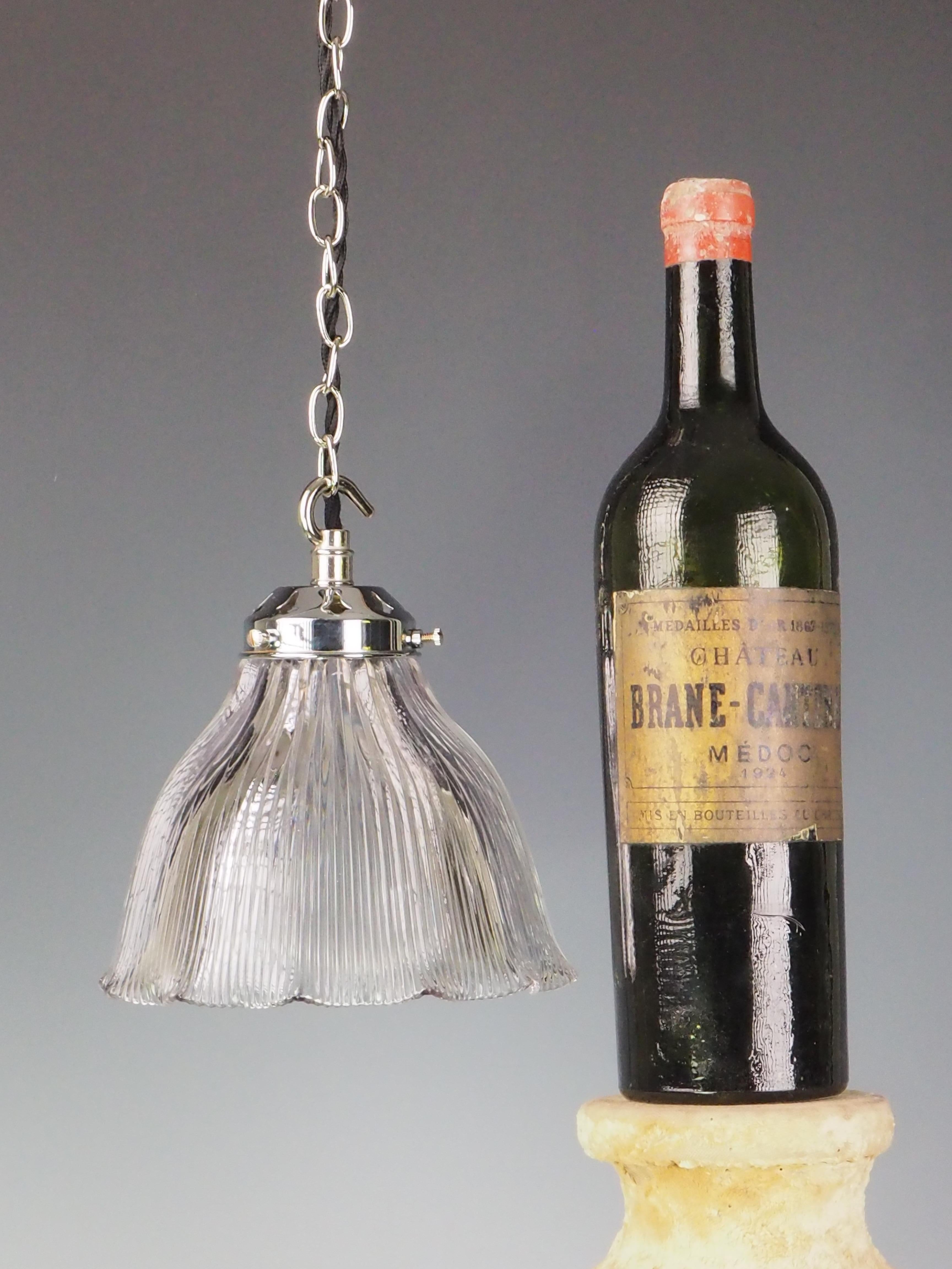 XIXe siècle Plafonnier suspendu original en Holophane - Abat-jour en verre industriel vintage en vente