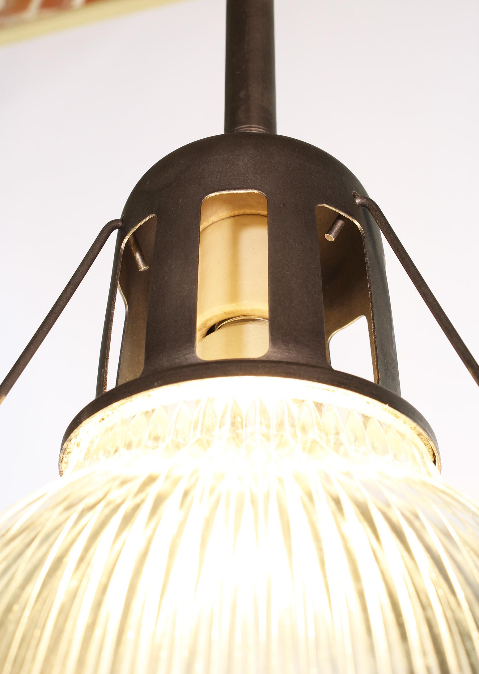 20th Century Original Holophane Pendant Light, Glass and Satin Steel