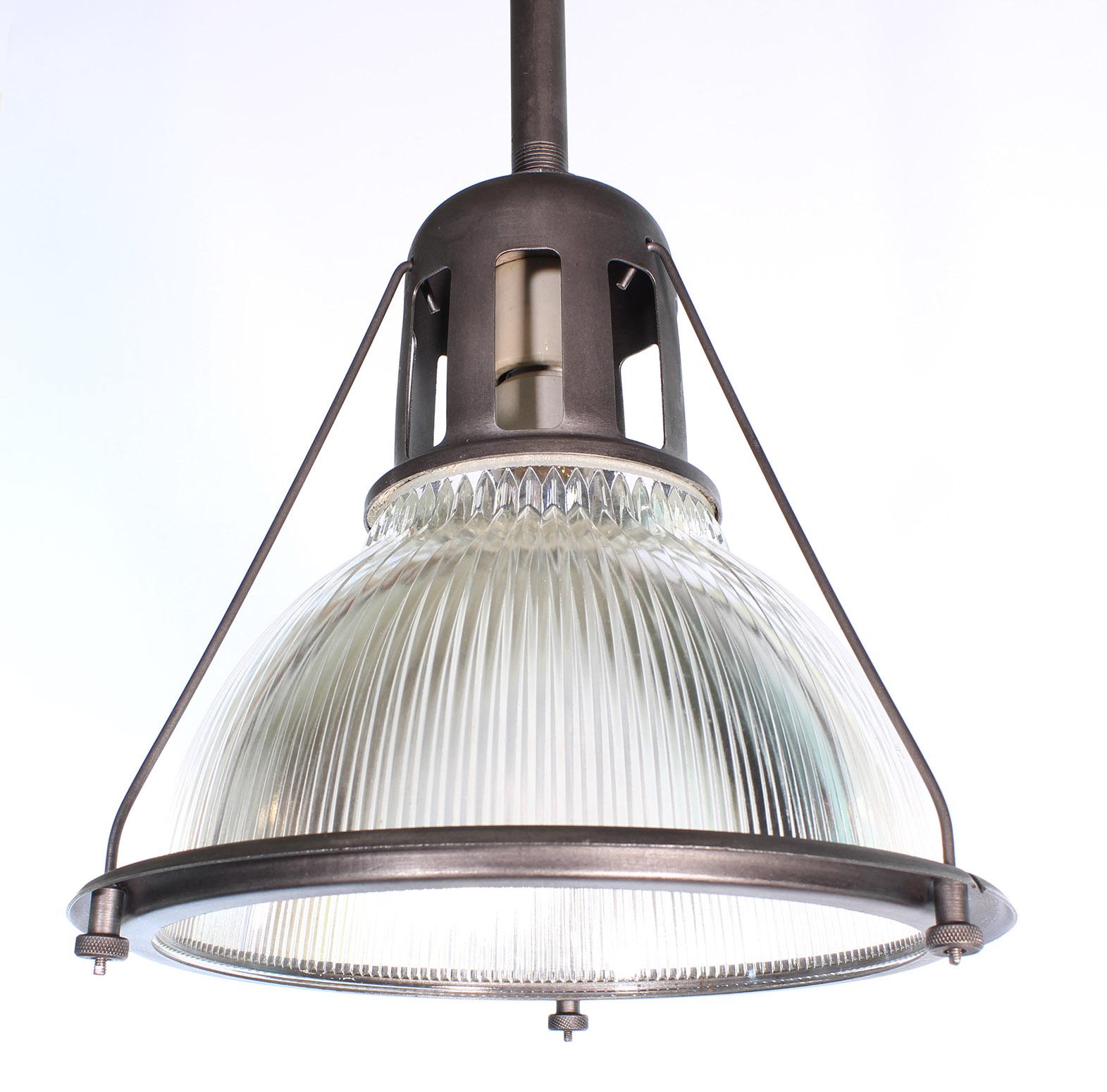 Authentic and original glass and steel Holophane industrial factory overhead ceiling lamp / pendant light. 11 1/4