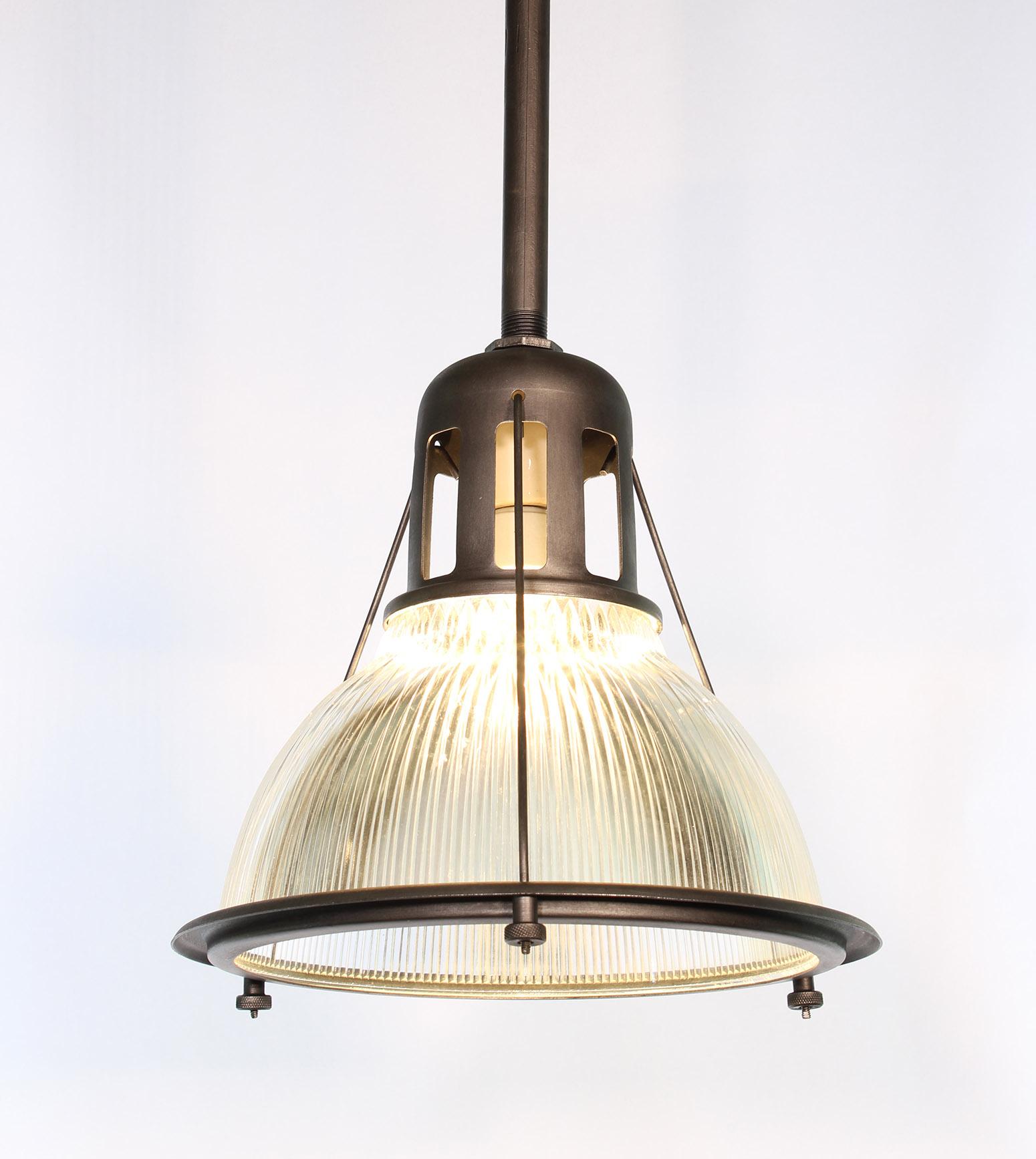 American Original Holophane Pendant Light, Glass and Satin Steel