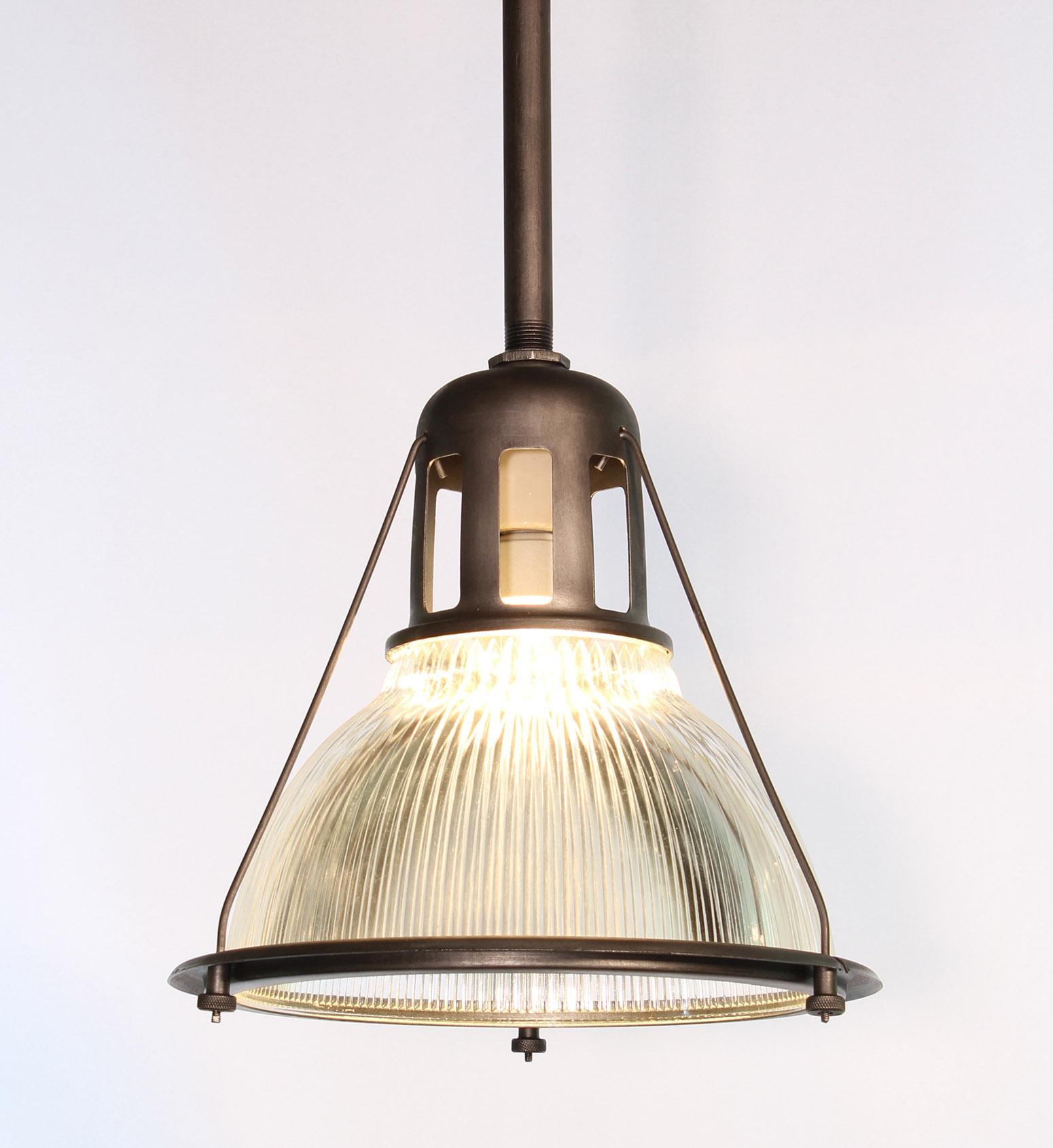 Original Holophane Pendant Light, Glass and Satin Steel In Good Condition In Oakville, CT