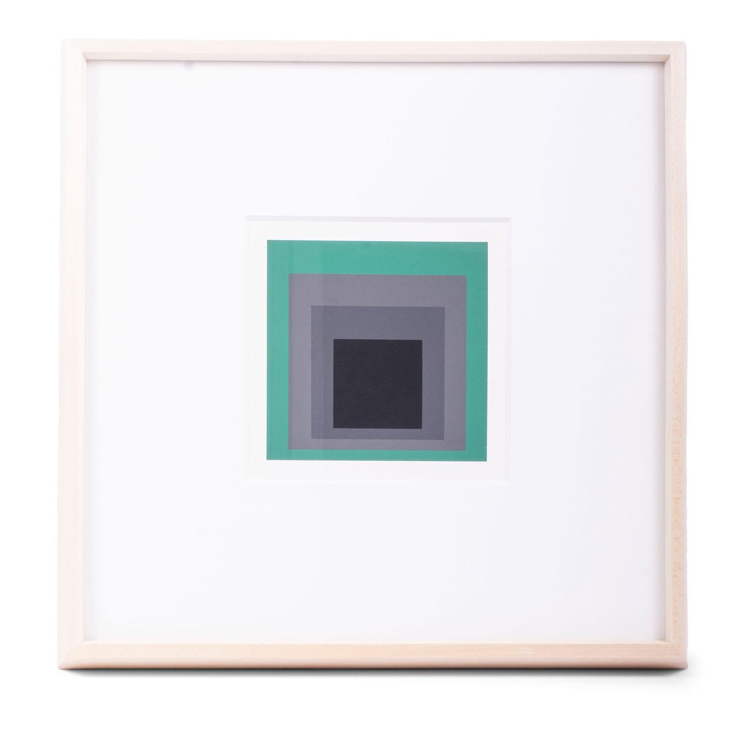 Original homage to the square serigraphs by Josef Albers: original midcentury silk screen prints (Josef Albers im Landesmuseum, Münster, 1971) by Josef Albers, (1888-1976). Mat windows are 7.5 inches by 7.5 inches. Framed in unfinished museum