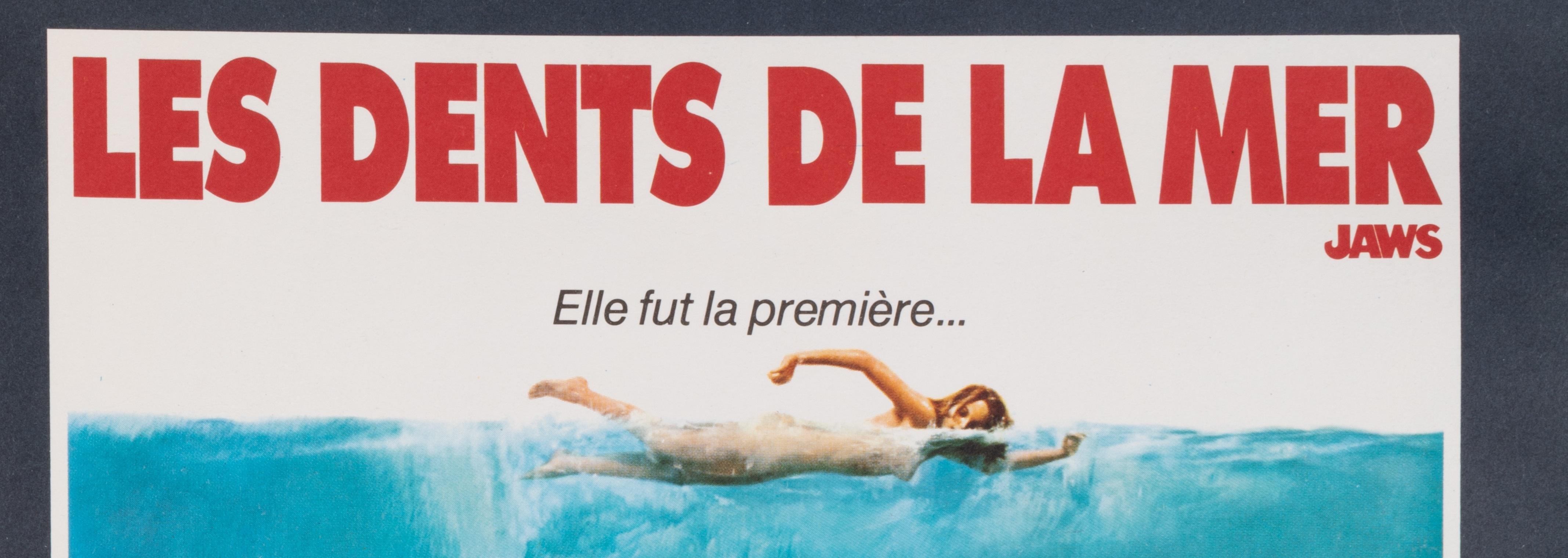 Affiche originale du film d'horreur Les Dents de la mer, créée vers 1975.

Artistics : Anonyme
Titre : Les dents de la mer - Jaws
Date : vers 1975
Taille (l x h) : 15.7 x 20.9 in / 40 x 53 cm
Imprimante : Ste EXPL . Ets LALANDE COURBET 91 WISSOUS