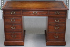 Original Howard & Son's Victorian Twin Pedestal Partner Desk Brown Leather Top
