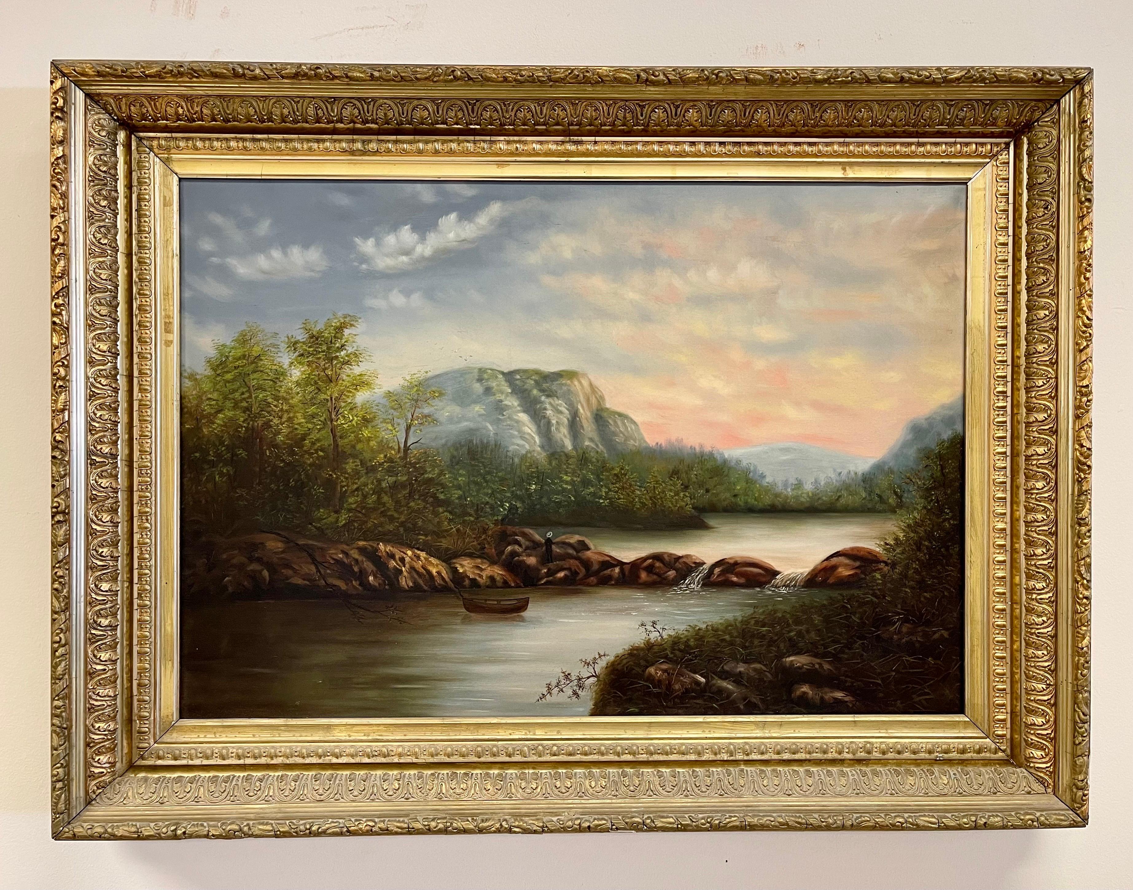 Magnificent original Hudson River School oil painting with illegible signature at bottom right. Medium is oil on canvas and piece is still in great condition, even after over 100 years. Note the lone figure towards center of piece. Features an