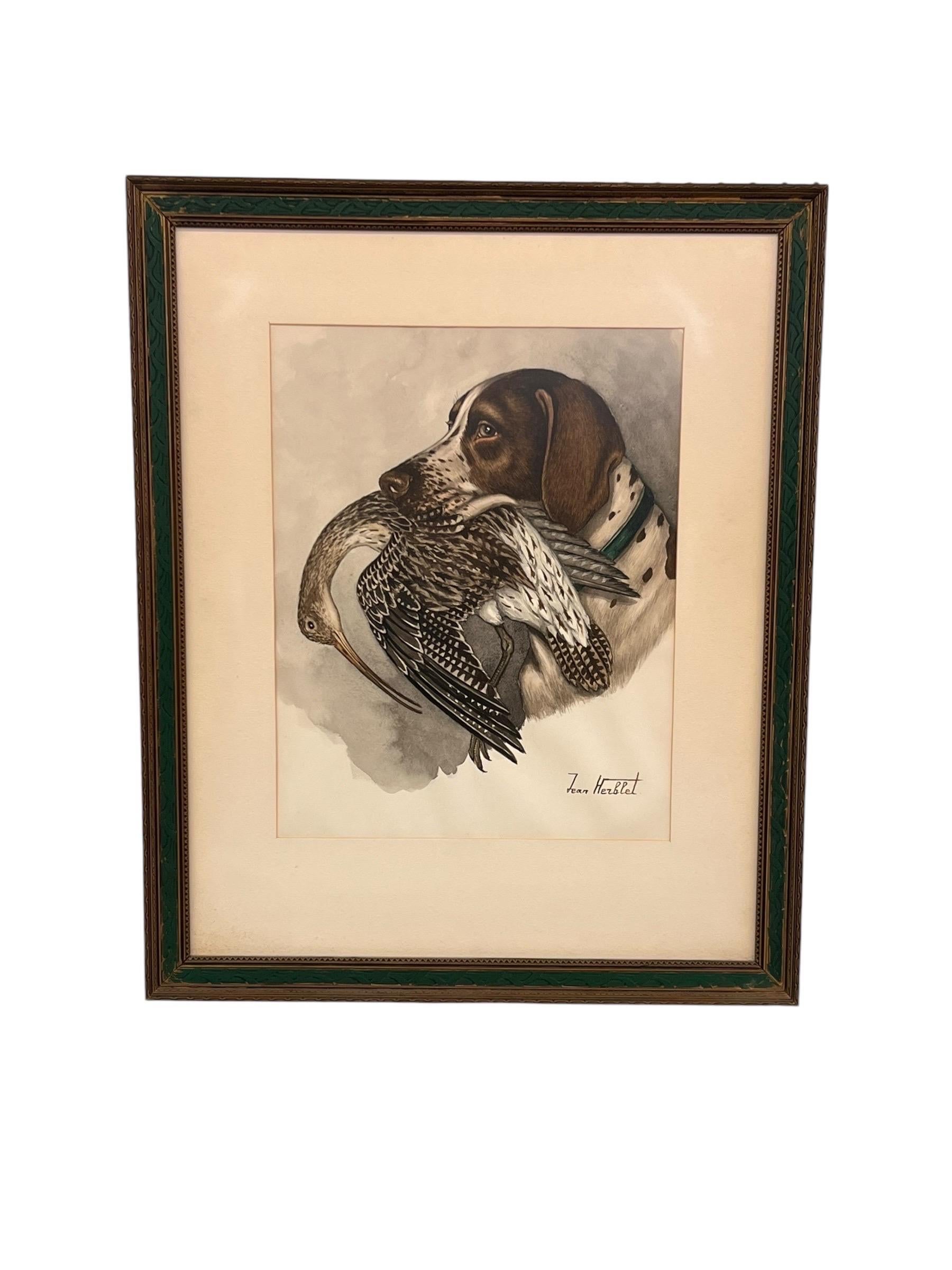 Original watercolor painting of a hunting dog holding bird in a mouth. The measurements are 16