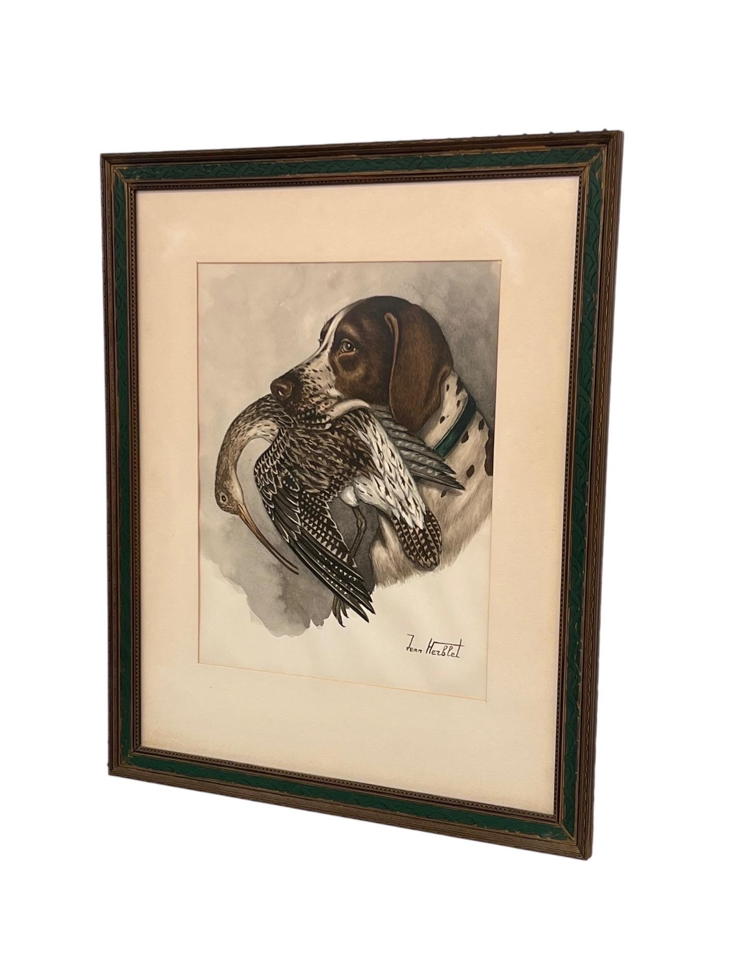 Mid-Century Modern Original Hunting Dog with Foul Watercolor Painting by French Artist Jean Herblet For Sale