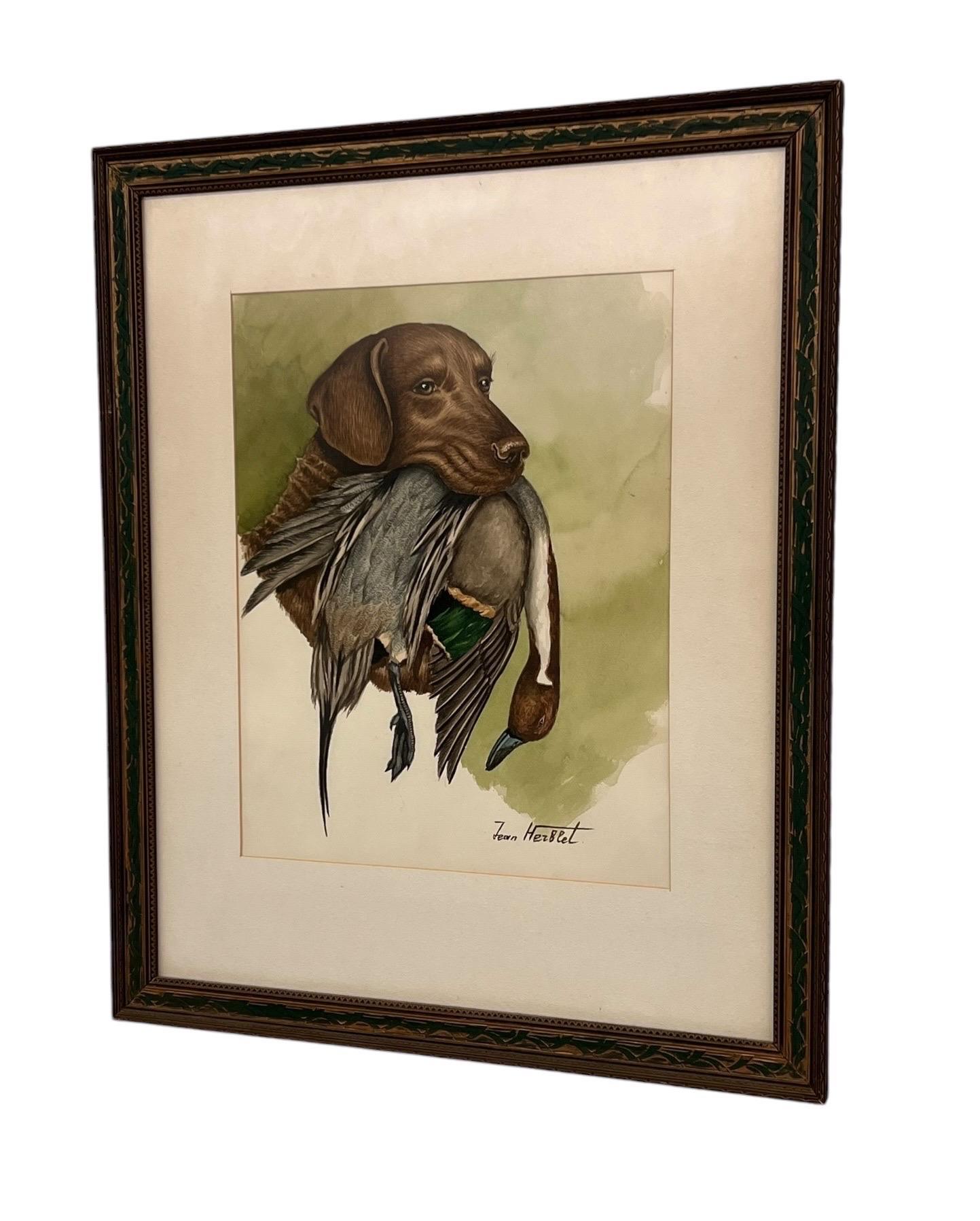 Pintura original en acuarela Perro de caza con falta del artista francés Jean Herblet Moderno de mediados de siglo en venta