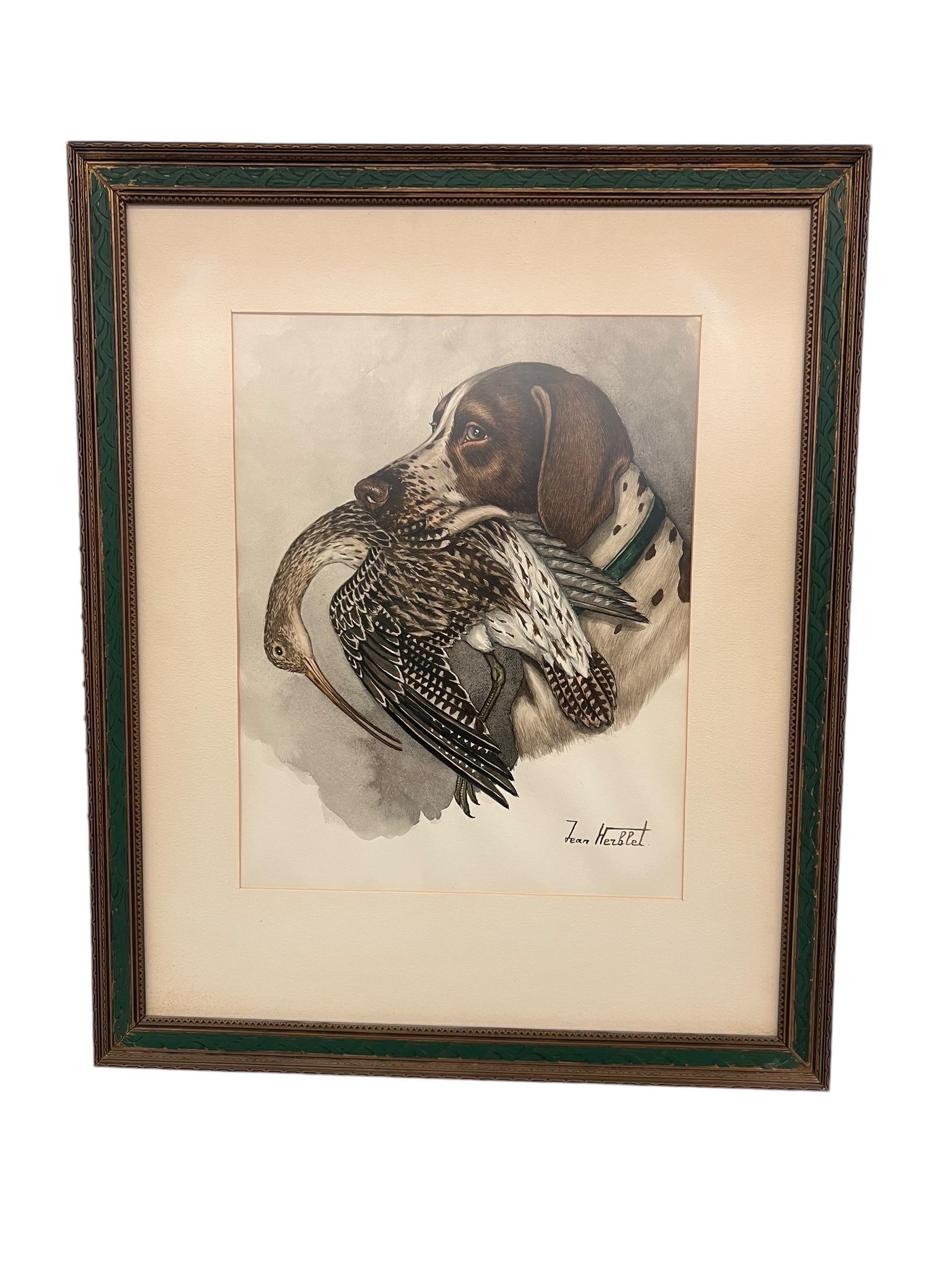 Original Hunting Dog with Foul Watercolor Painting by French Artist Jean Herblet In Good Condition For Sale In Seattle, WA
