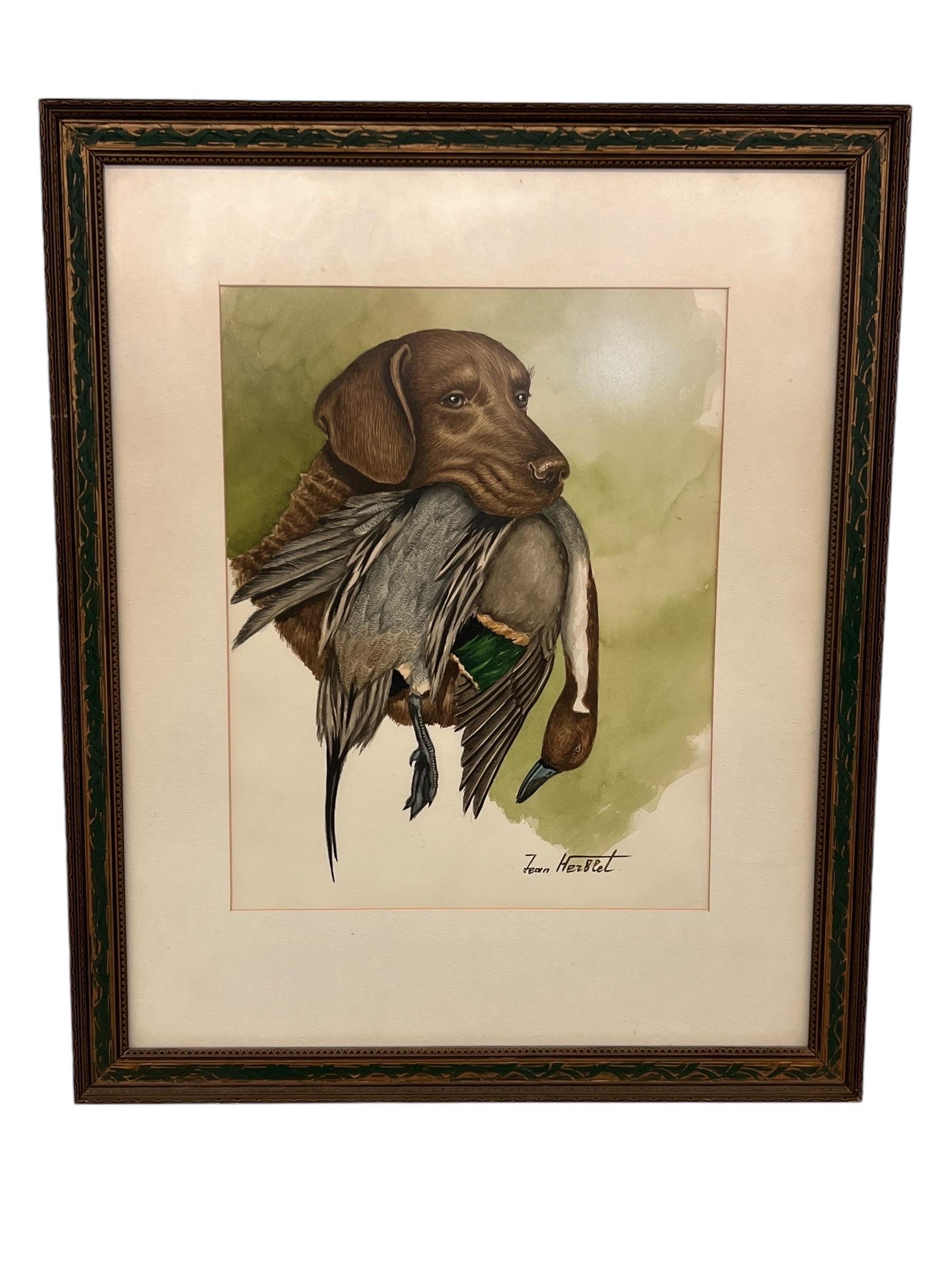 Pintura original en acuarela Perro de caza con falta del artista francés Jean Herblet en Bueno estado para la venta en Seattle, WA