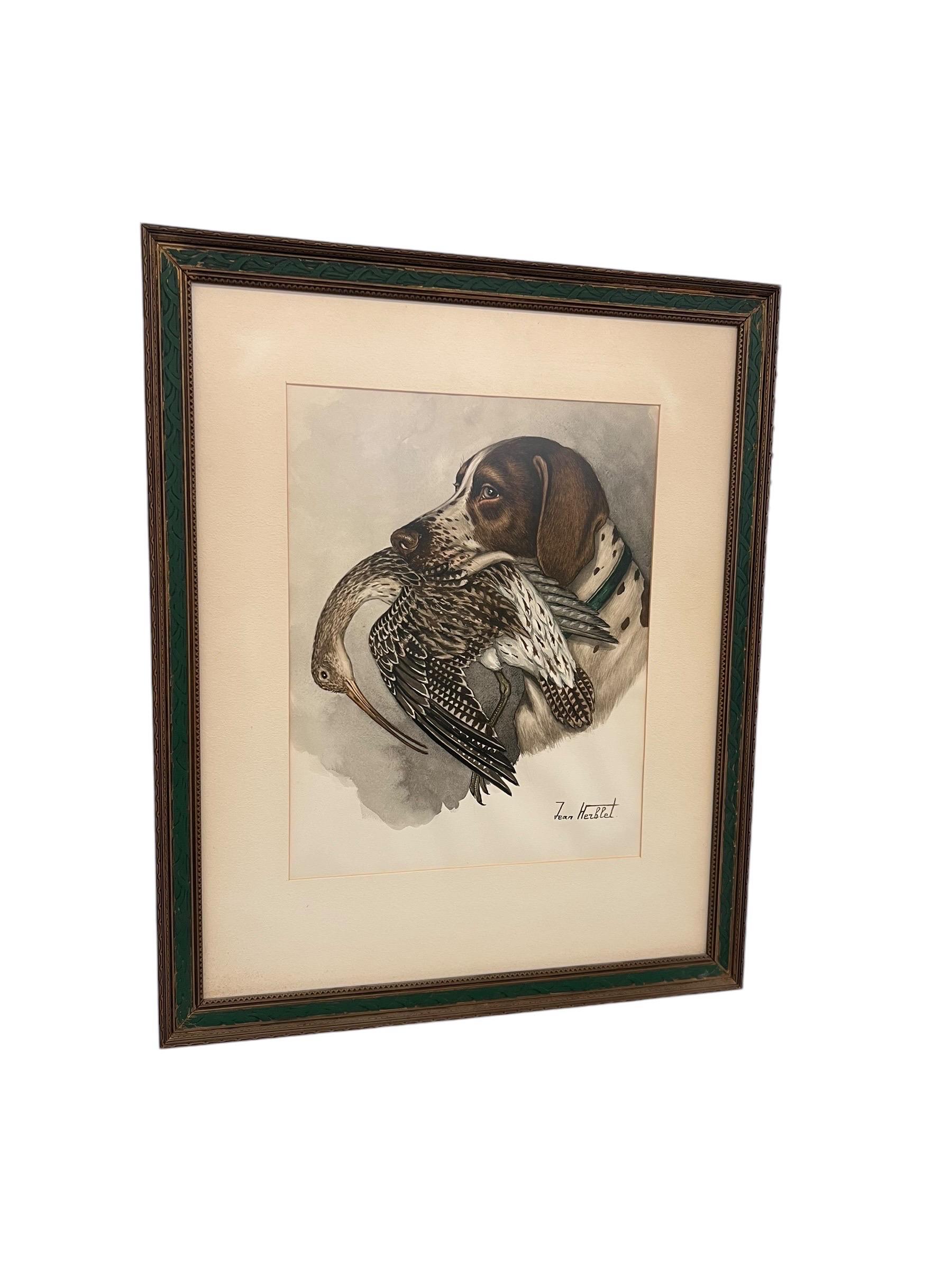 Late 20th Century Original Hunting Dog with Foul Watercolor Painting by French Artist Jean Herblet For Sale