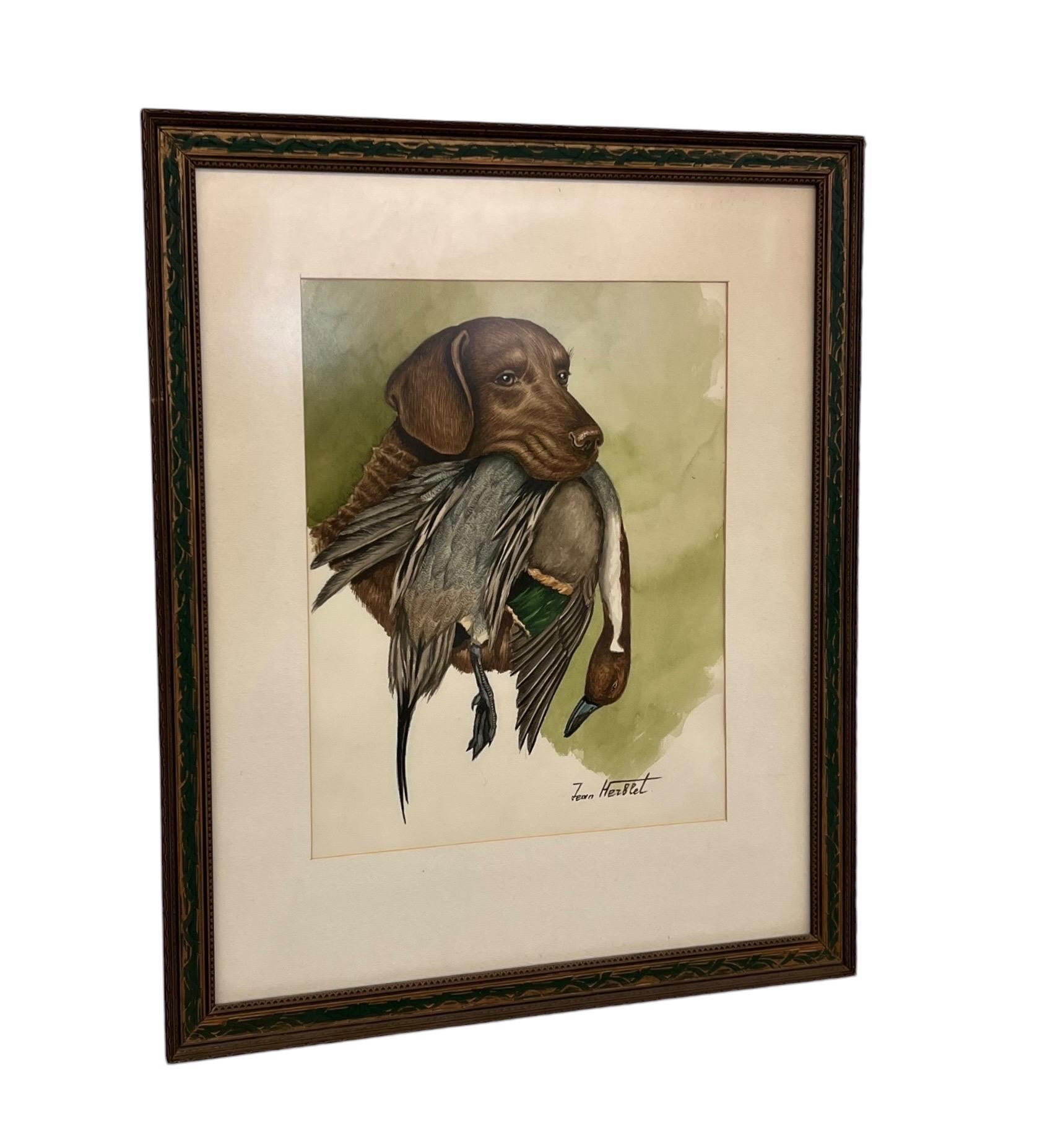Pintura original en acuarela Perro de caza con falta del artista francés Jean Herblet finales del siglo XX en venta