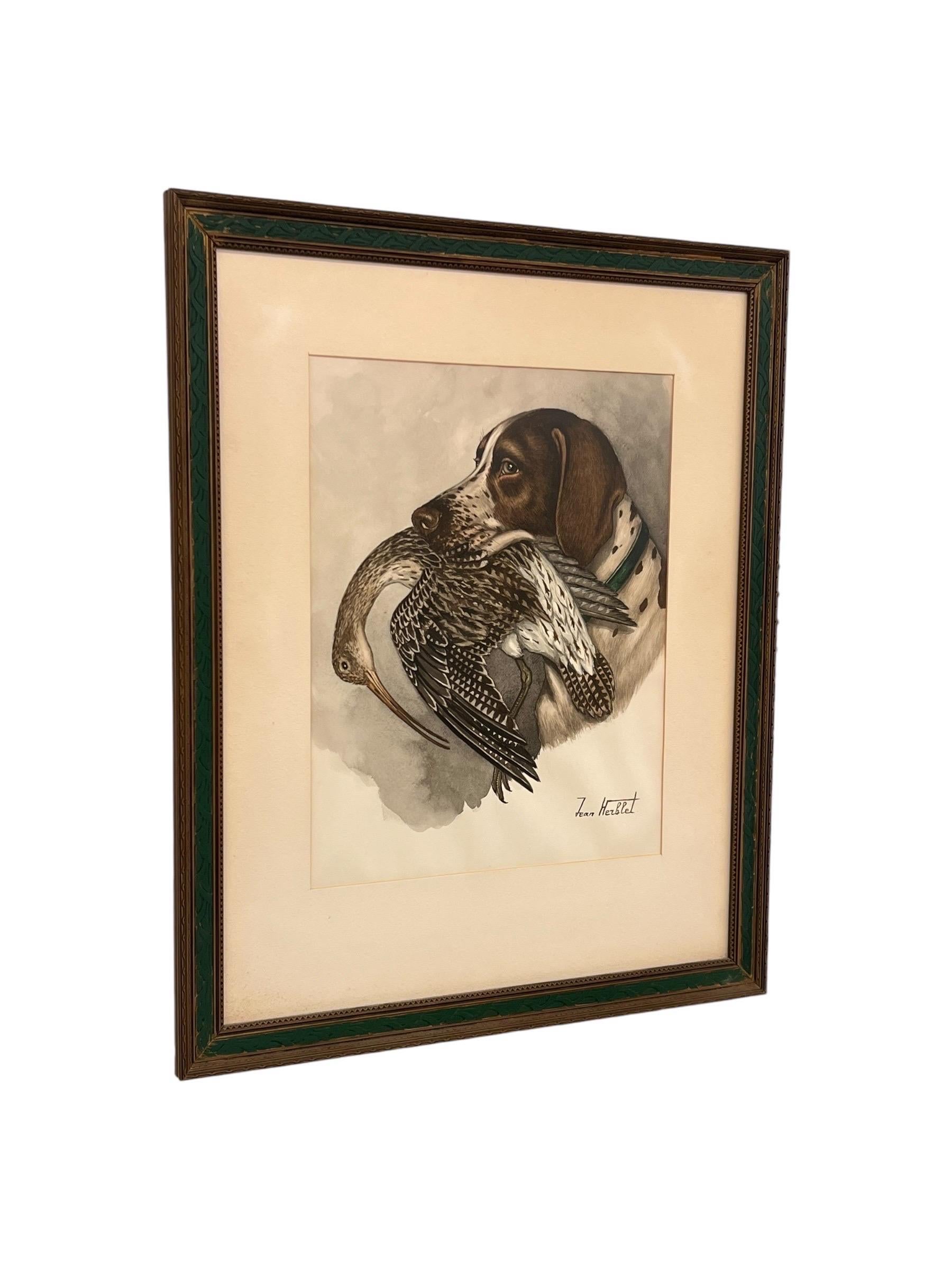 Wood Original Hunting Dog with Foul Watercolor Painting by French Artist Jean Herblet For Sale