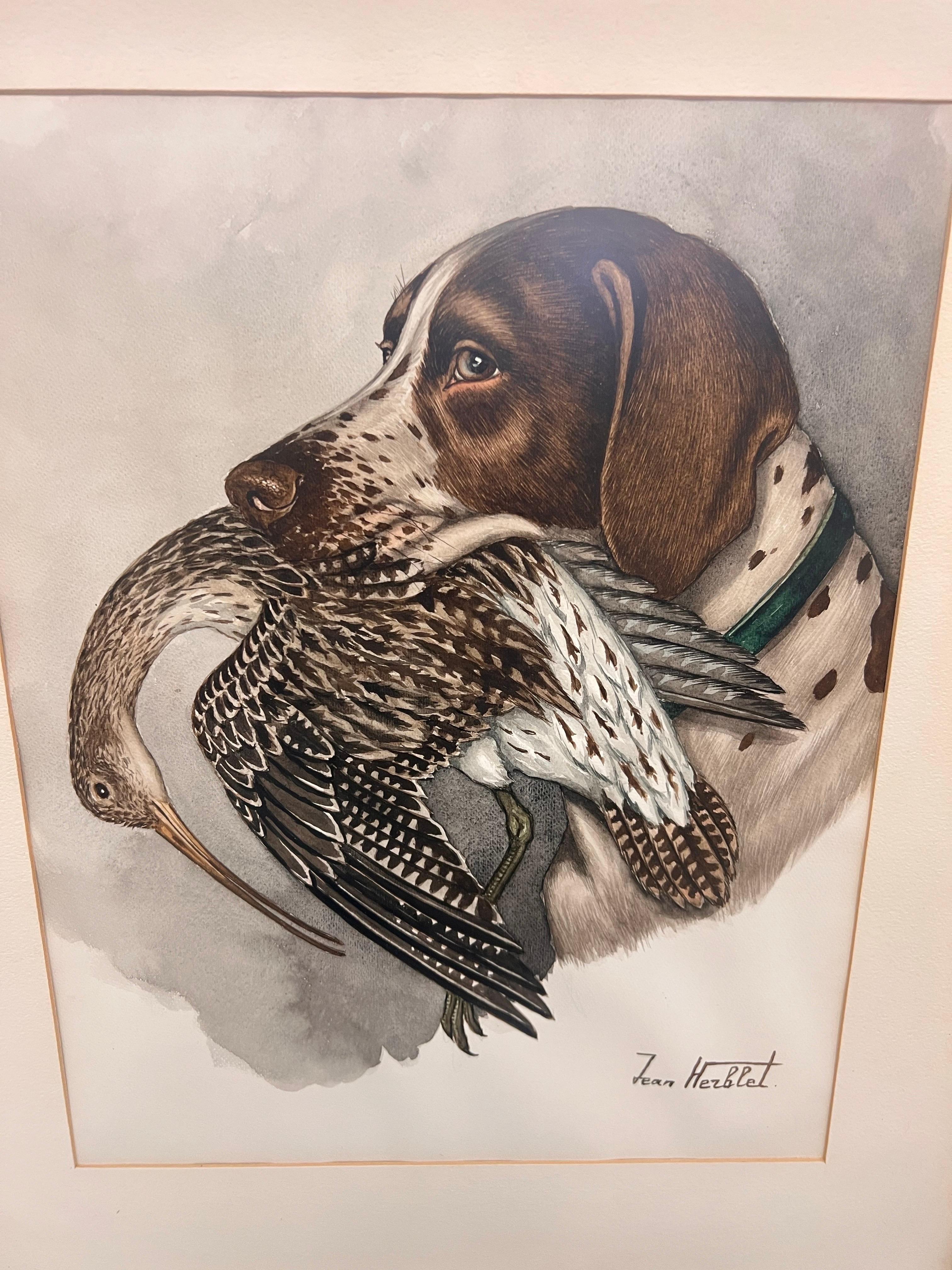 Original Hunting Dog with Foul Watercolor Painting by French Artist Jean Herblet For Sale 1
