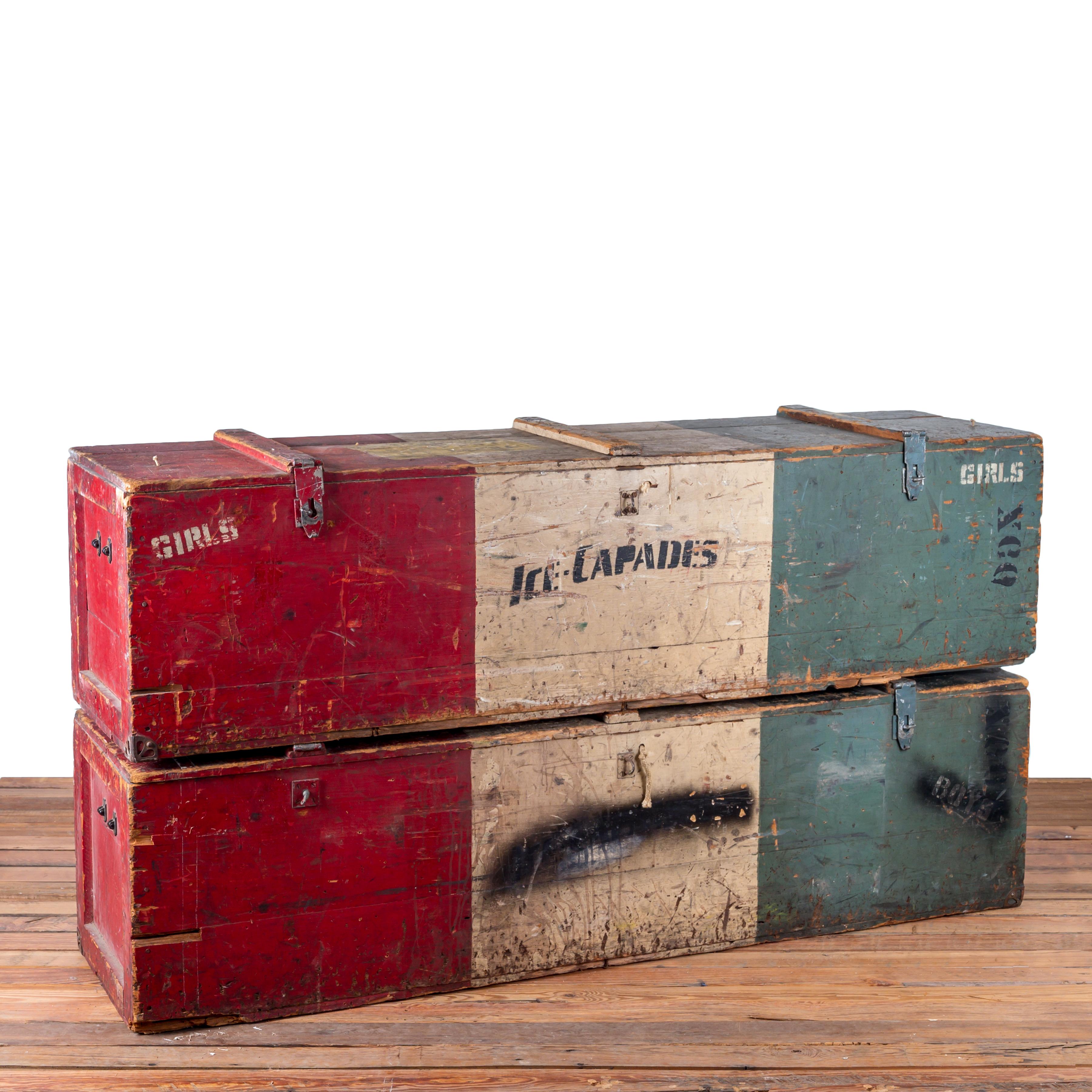 A pair of Ice Capades travel trunks dating to their inception in the early ‘40s.  A boys and a girls trunk, possibly used for skates or drums.  Label on top for Ice Capades of ’42. Names on the interior cubbies include Carol Brown, Norma Halb, Bill