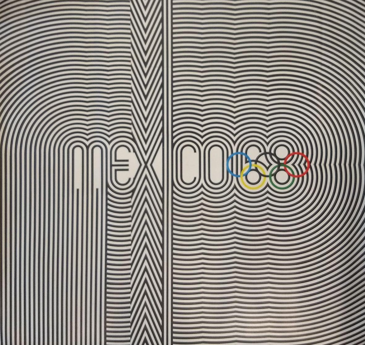 Original-Op-Art-Plakate, die für die Olympischen Spiele in Mexiko 68 gedruckt wurden. Das ikonische Design leitet sich von dem Logo ab, das sehr erfolgreich 