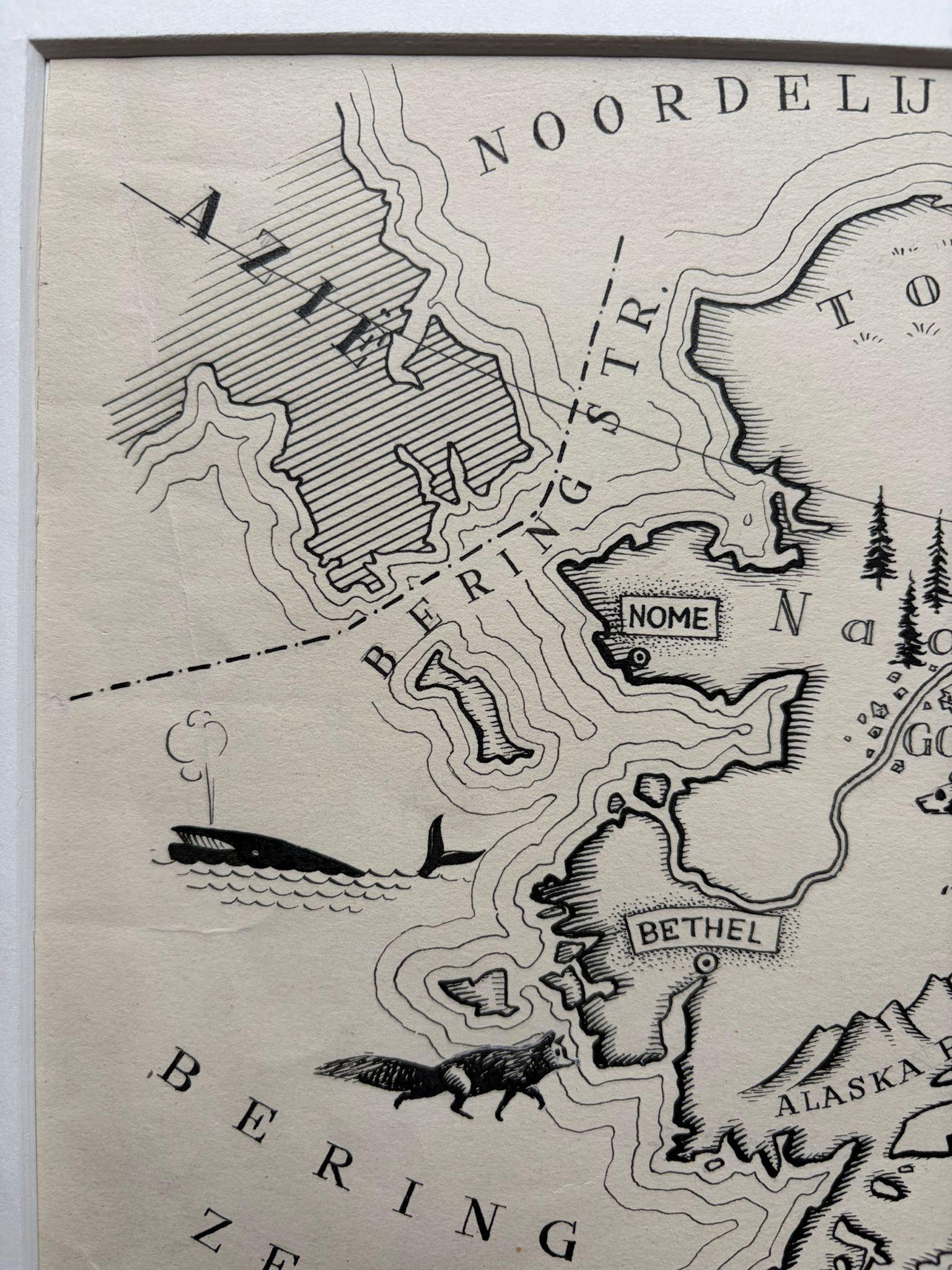 Illustration originale Carte de l'Alaska par Charles Burki, ca. 1945 - Dessin à l'encre Bon état - En vente à Langweer, NL