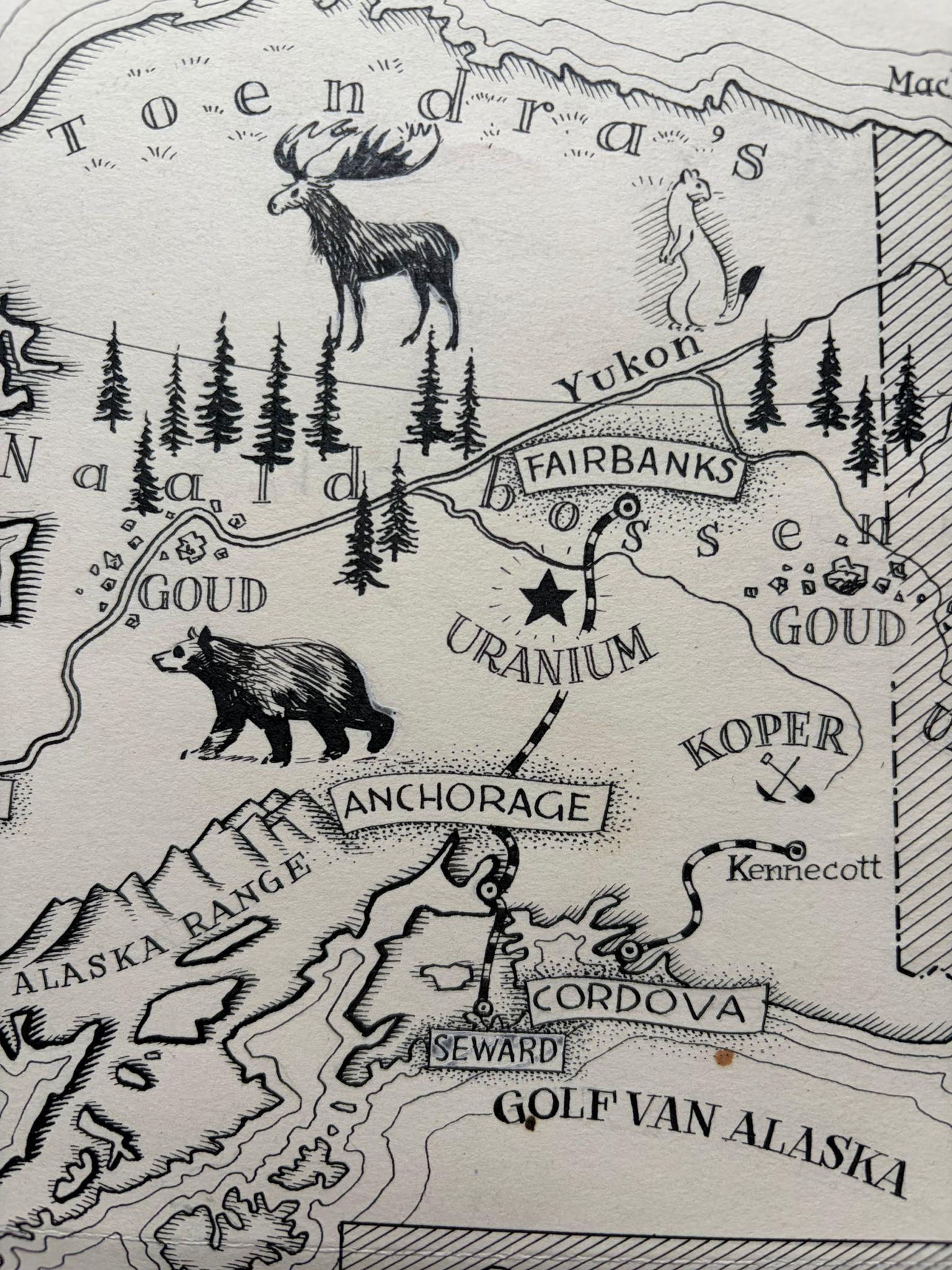 Papier Illustration originale Carte de l'Alaska par Charles Burki, ca. 1945 - Dessin à l'encre en vente